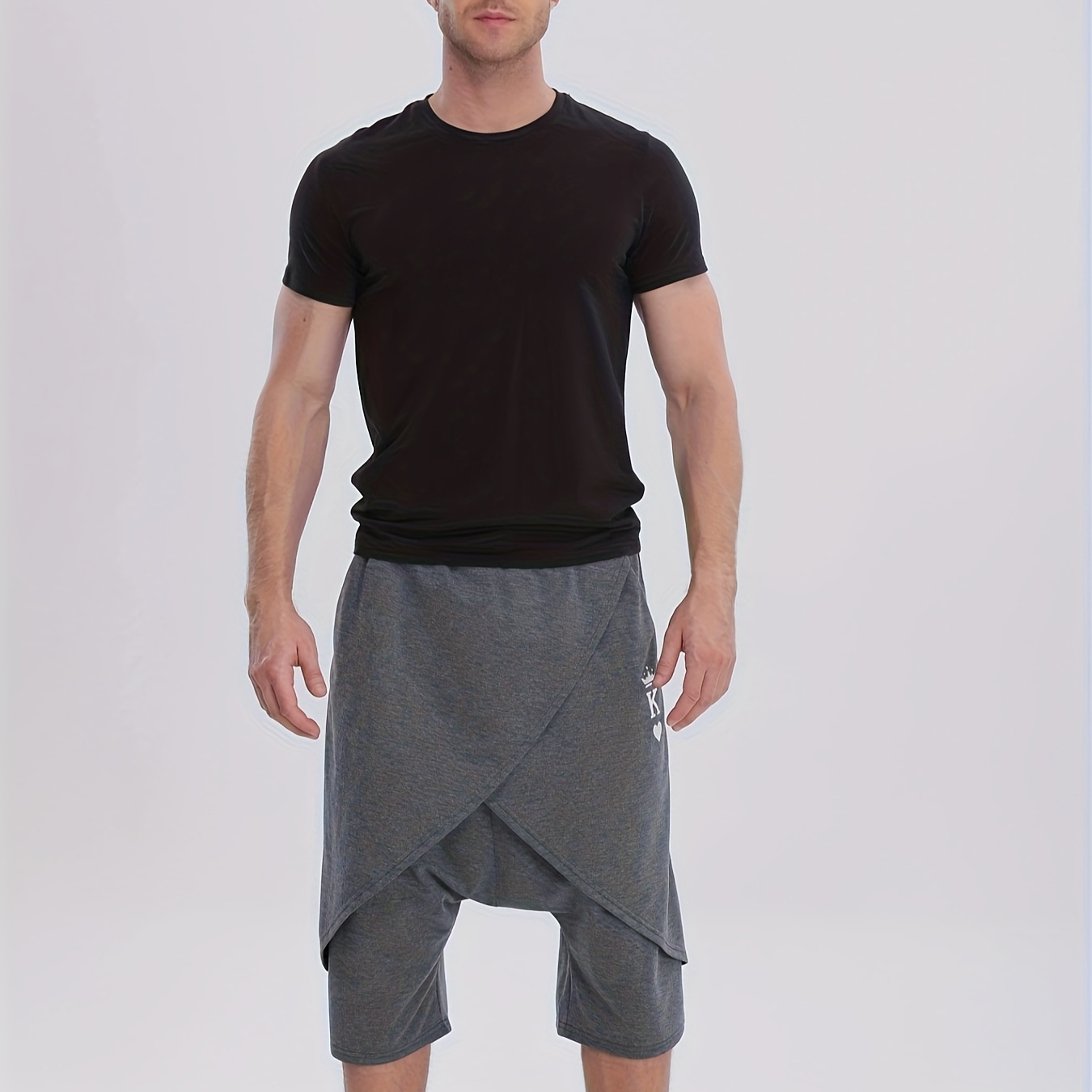 

Men's Casual Crown Print Harem Capri Shorts, Hip Hop Style, Loose Fit Asymmetrical Skirt Shorts, Street Style, Culotte