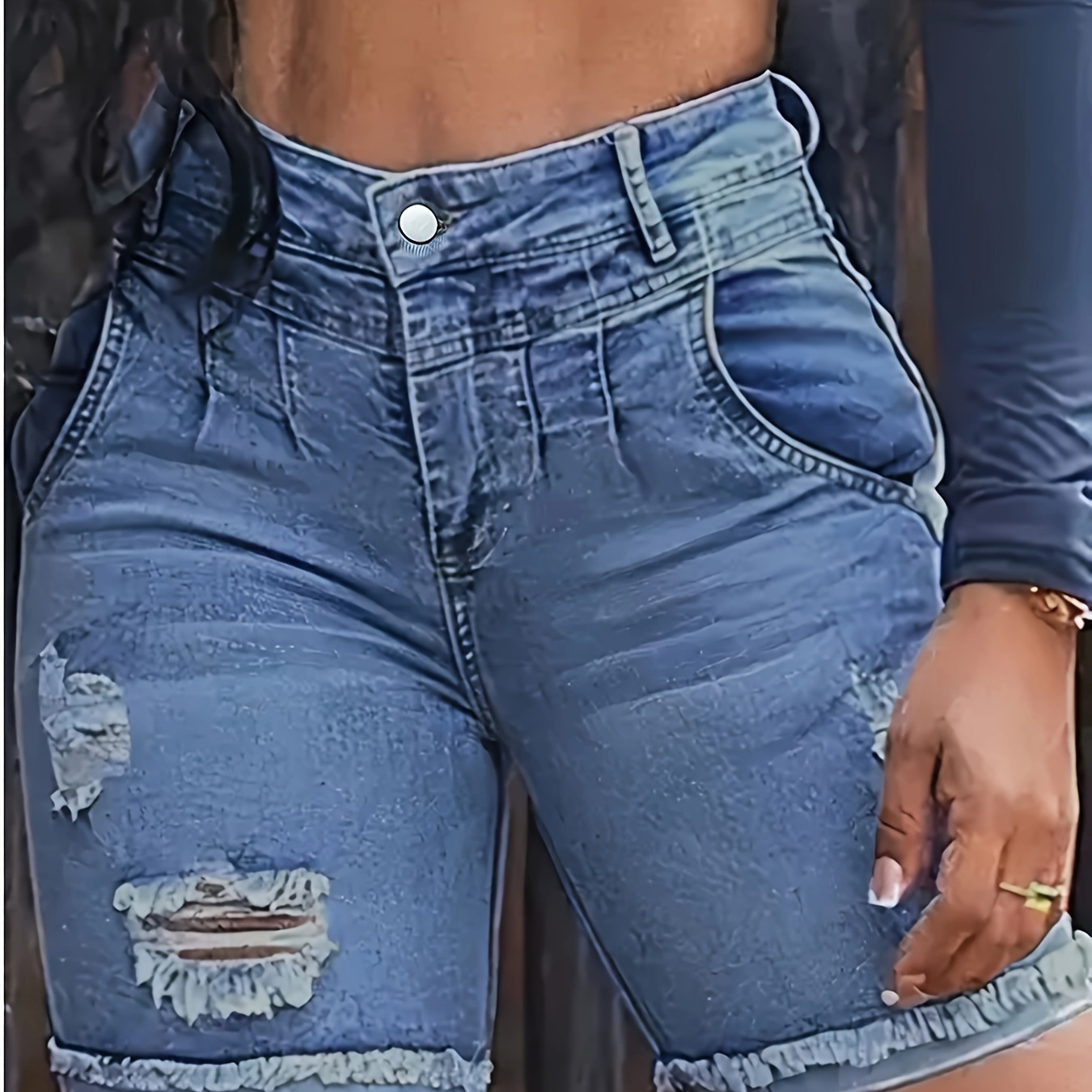 

Women's High-waisted Denim Shorts, Sexy Ripped Jean Shorts With Frayed Hem, Casual Summer Fashion, Blue