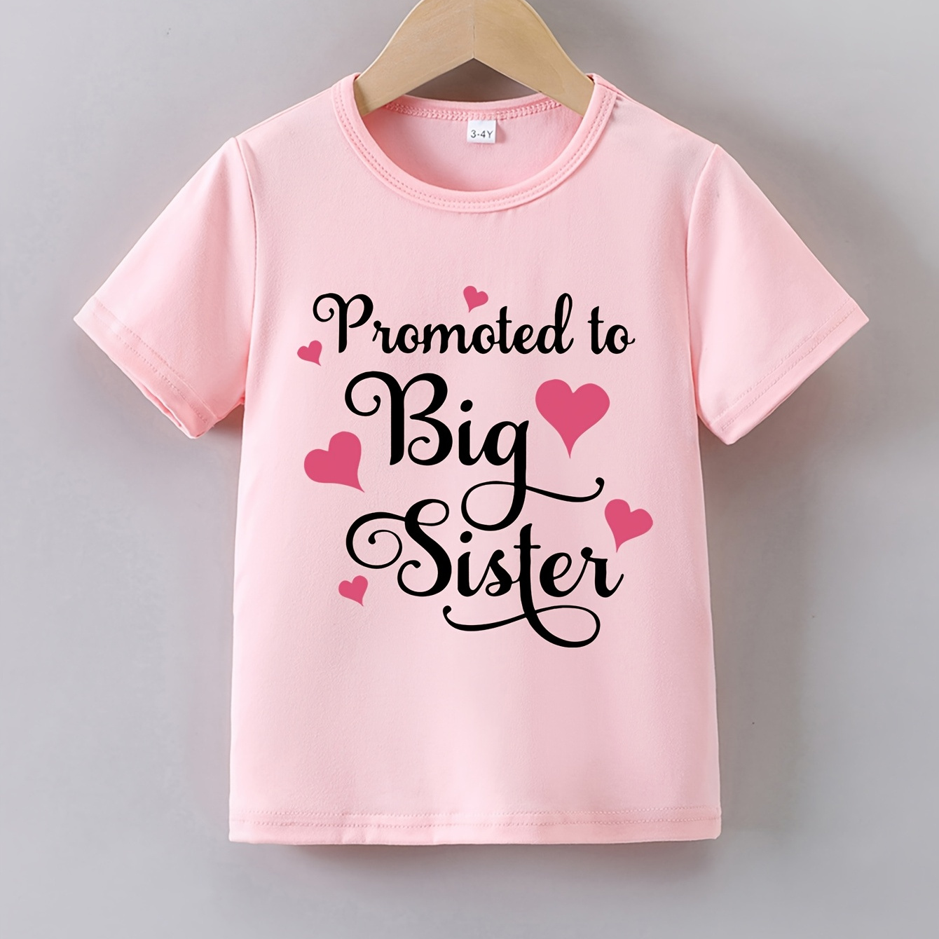 

Girls' Summer Short Sleeve T-shirt, " To Big Sister" Heart Print, Casual Crew Neck Knit Top, 95% Polyester 5% Spandex, Slight Stretch, Regular Fit - Knit Fabric Weave