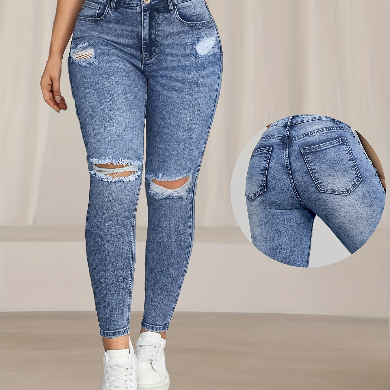 

1pc Élégant taille déchiré , mi-, Pantalon long décontracté fermeture à , unie, Convient à toutes les , ceinture, régulière