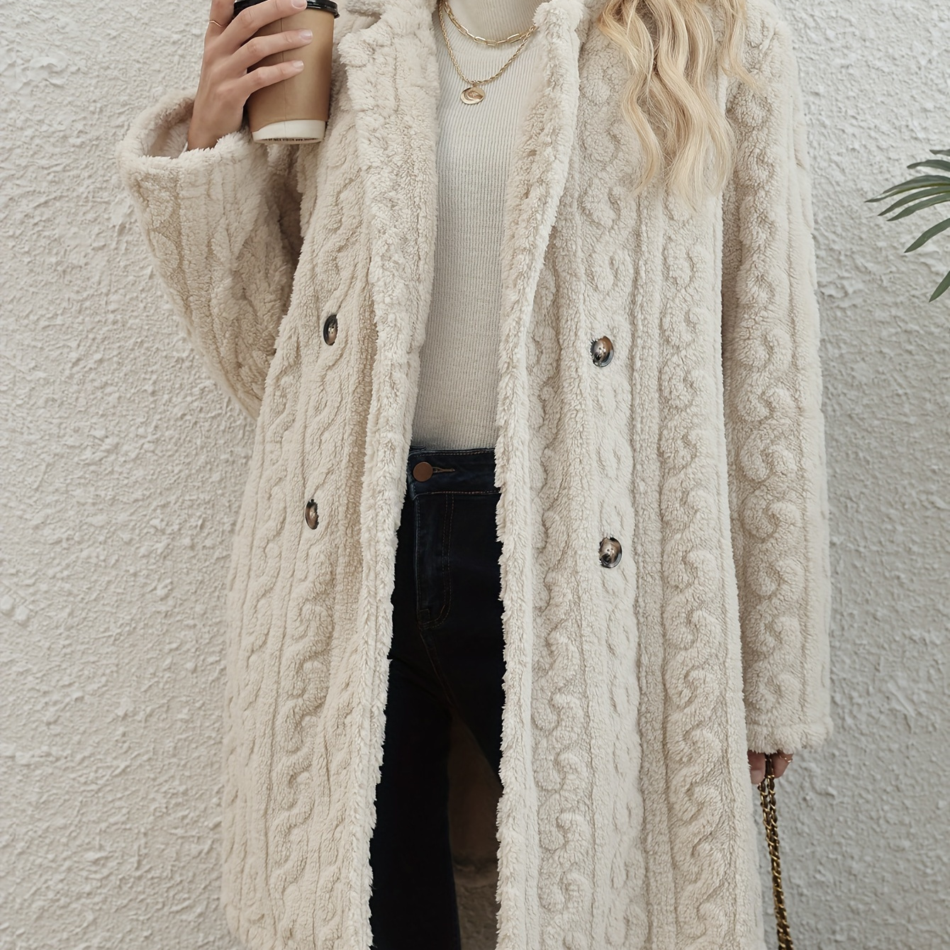 

Textured Double Breasted Lapel Fuzzy Coat, Elegant Long Sleeve Warm Outerwear For Fall & Winter, Women's Clothing