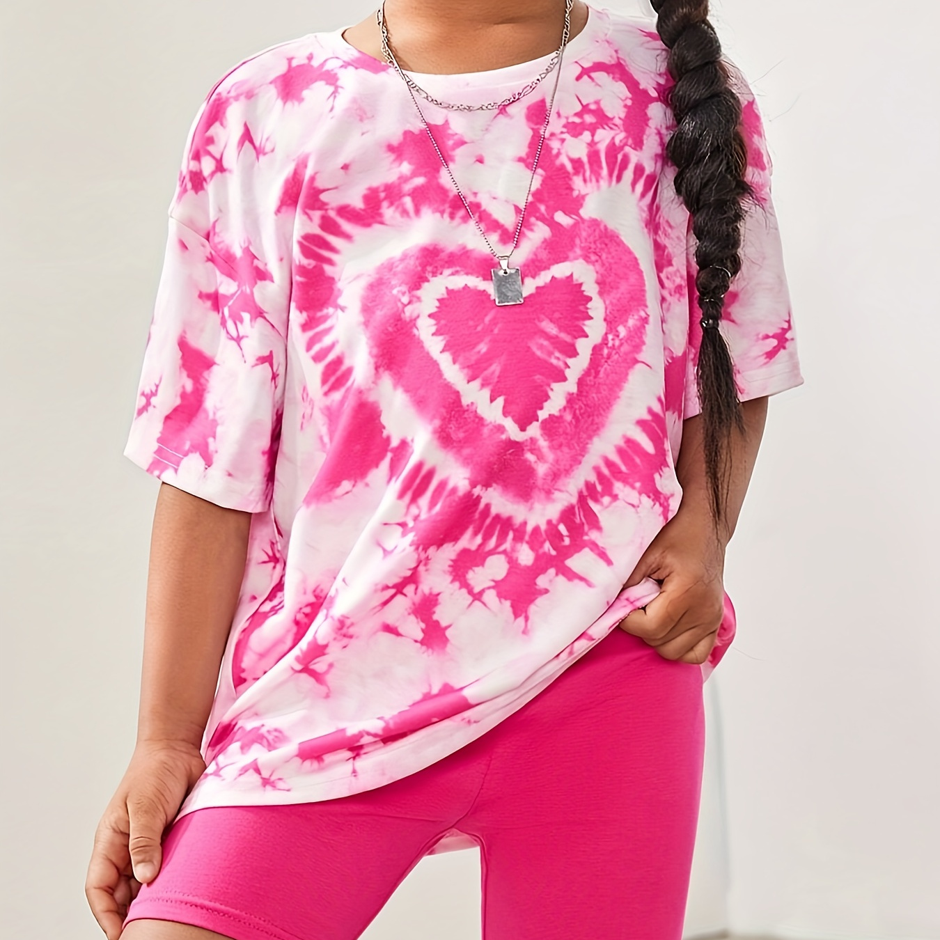 

Heart Graphic Print Tee, Girls' Casual & Loose Drop Shoulder T-shirt For Spring & Summer, Girls' Clothes For Outdoor Activities