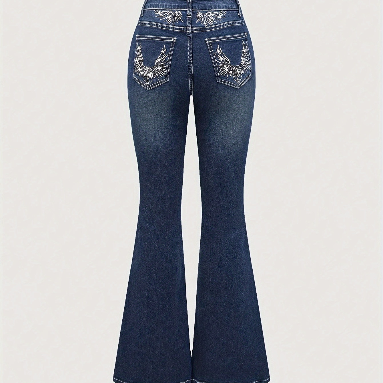 

Elegant Rhinestone-embellished Flare Jeans For Women - Stretchy, Denim With Pockets, Machine Washable