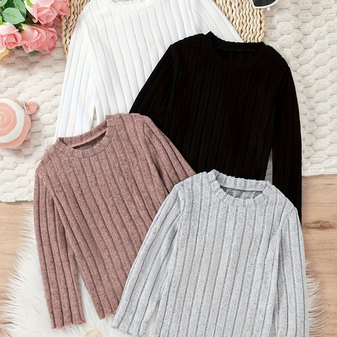 

' 4pcs Set: Fleece-lined Ribbed Pullovers - , , - For /fall