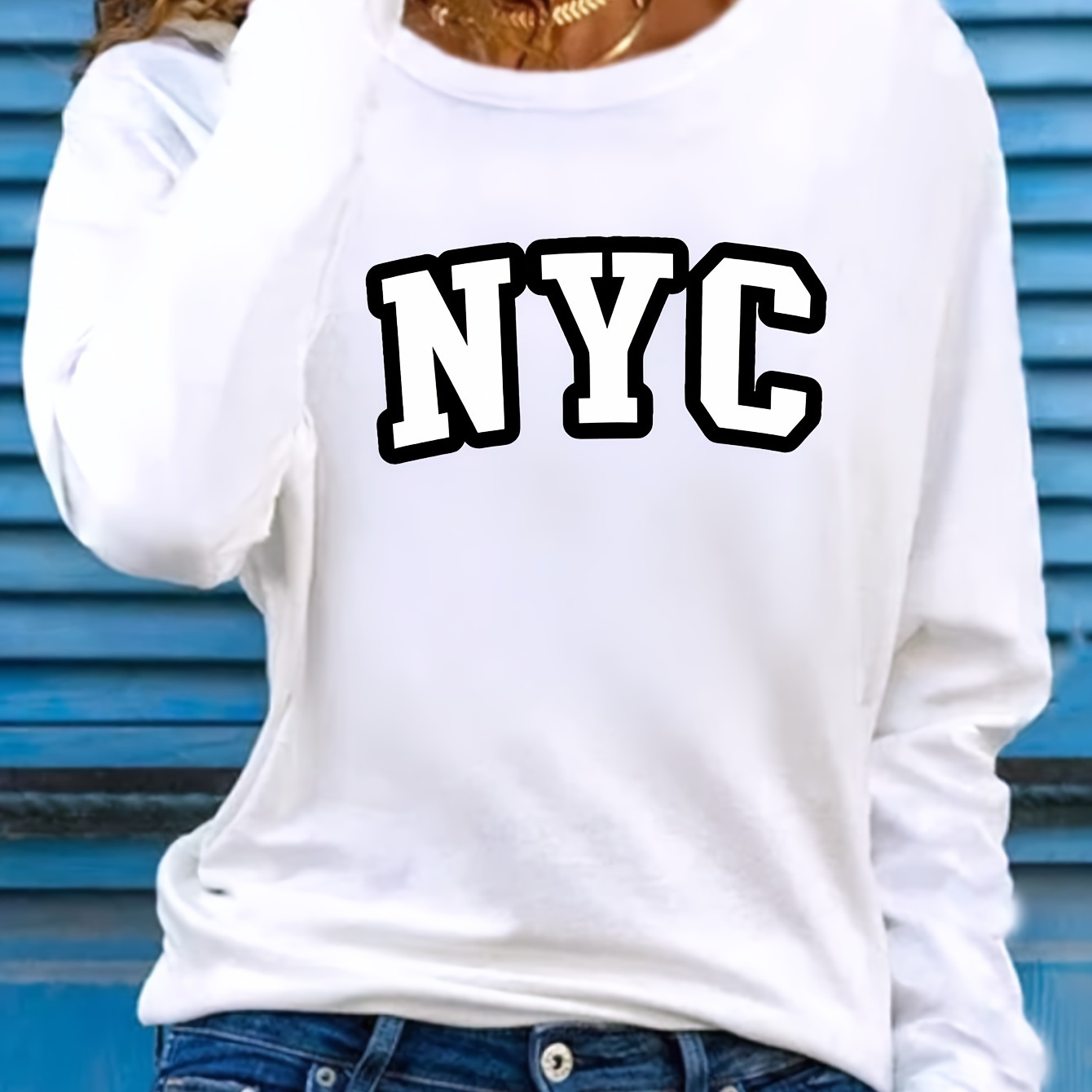 

Nyc Print Long Sleeve Sweatshirt - 100% Polyester Casual Crew Neck Top With Regular Fit, Knit Fabric For Fall/winter Season