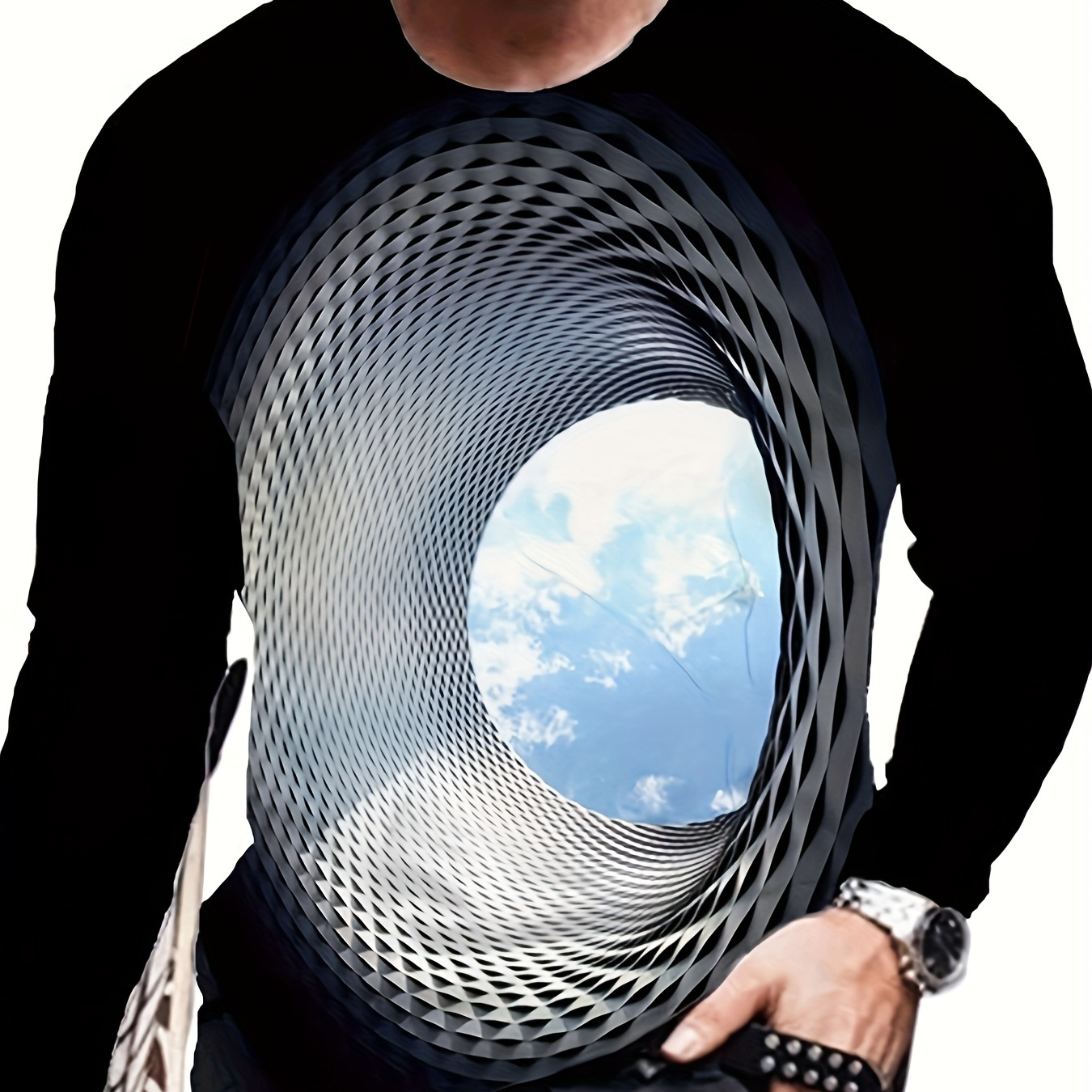 

3d Geometric Print Men's Trendy Graphic Long Sleeve Fit T-shirt, Spring Fall