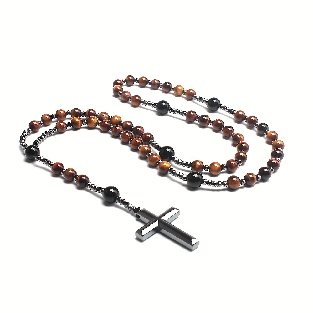 

Natural Stone Agate Cross Pendant Rosary For Men