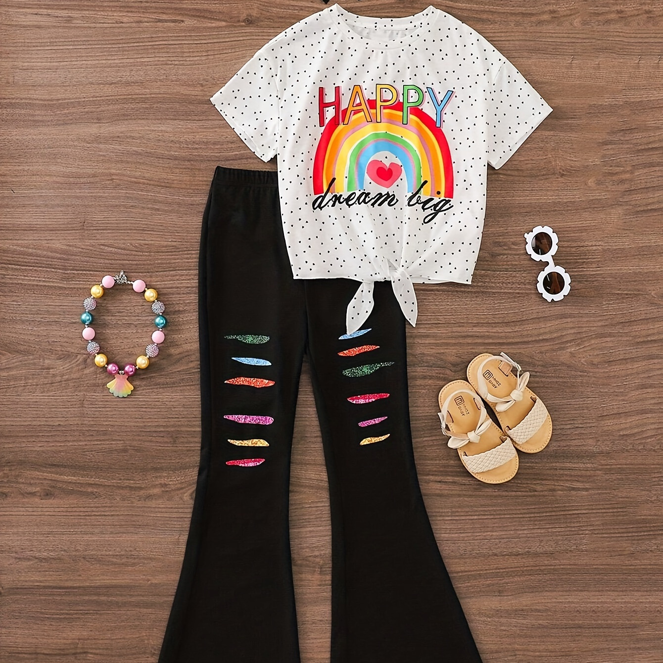 

Trendy Girl's 1 Set Rainbow Graphic Tie Knot Tee + Flare-leg Pants Set, Comfy & Fashion Girls Spring/ Summer Outfit