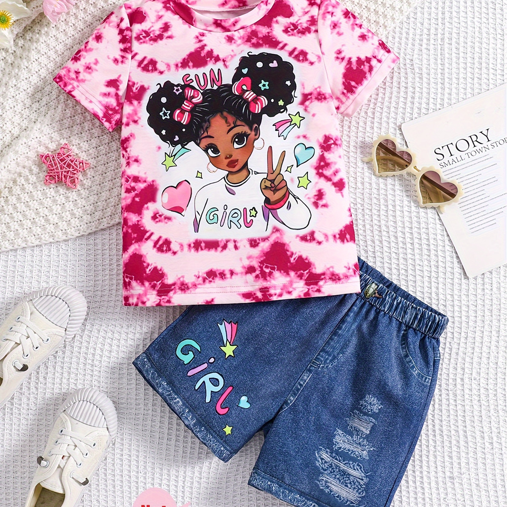 

2pcs, Cartoon Party Girl Print Short Sleeve Top & Short Legging Set Casual Style Girls Summer Outfit