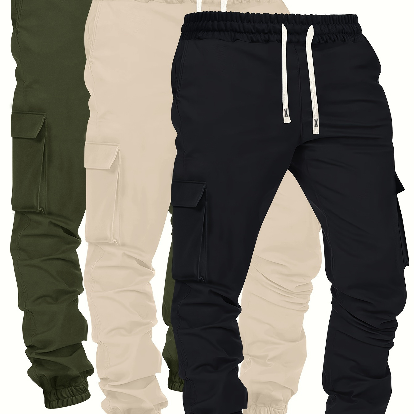 

3 pantalons cargo tendance pour hommes avec cordon de serrage et poches latérales, coupe regular décontractée pour les activités de plein air, printemps et automne.