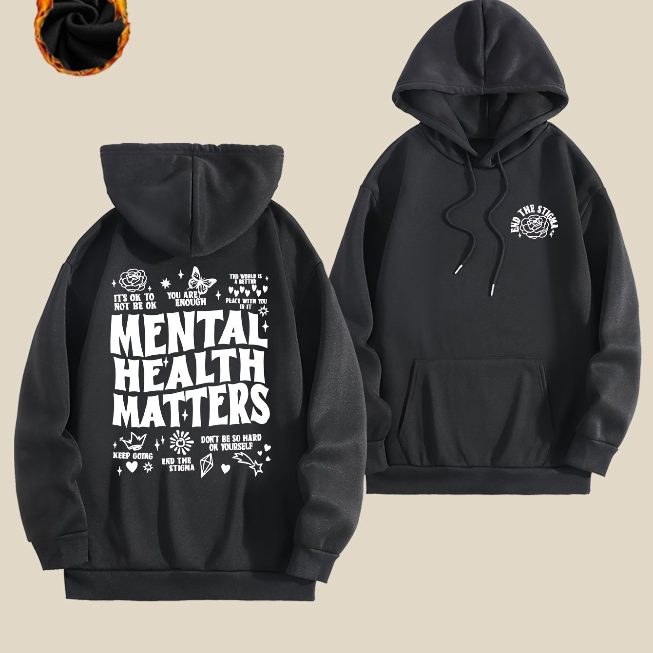 

Plus Size Hooded Sweatshirt With Mental Health Matters Print - Casual Polyester Pullovers With Slight Stretch, Long Sleeve Knit Fabric Top With Pocket For Fall/winter