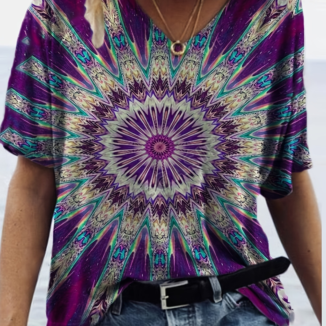 

Aztec Tribal Print V Neck T-shirt, Casual Loose Short Sleeve Summer T-shirts Tops, Women's Clothing