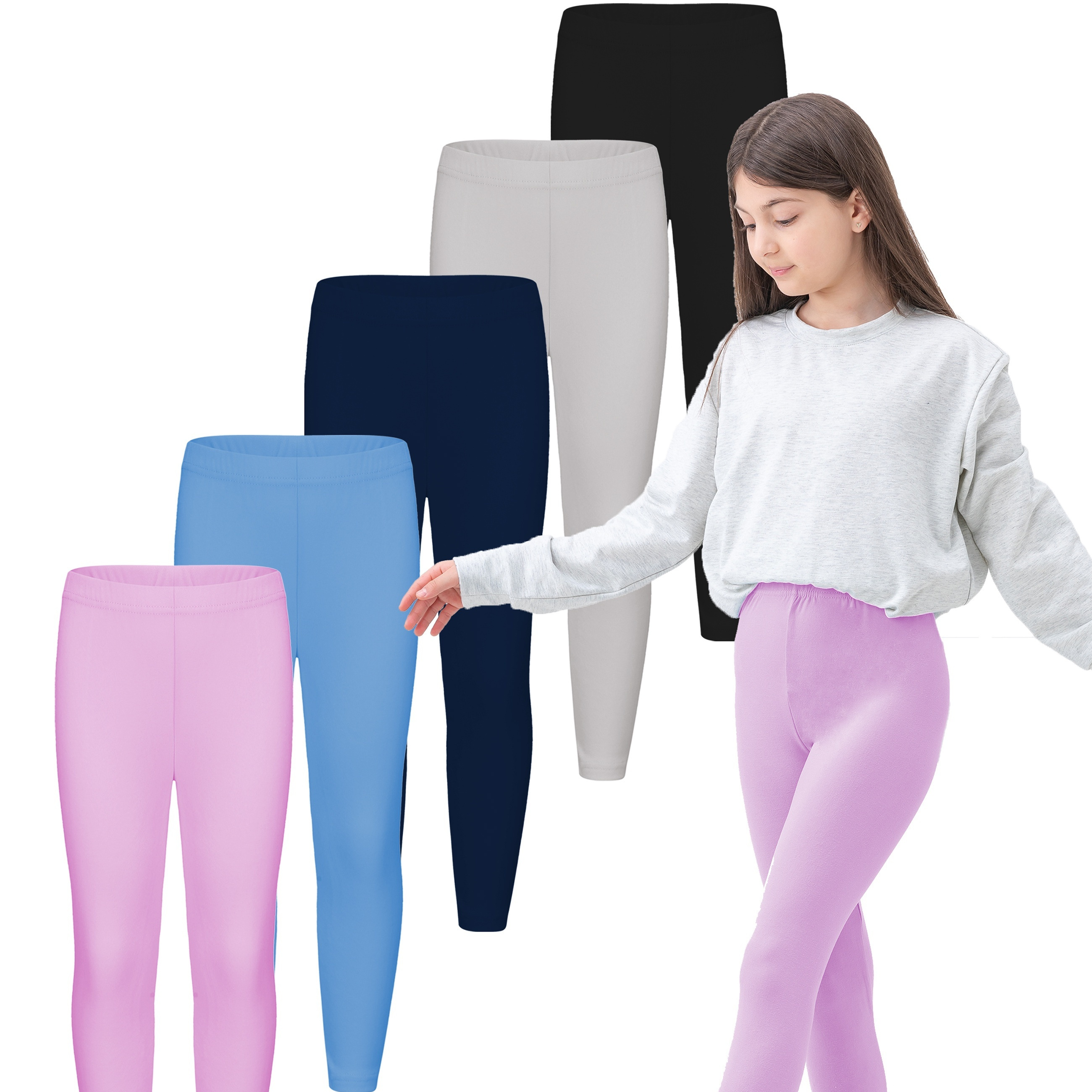 

Miexed Color 5pcs Leggings Set, Soft Elastic Girls Flat Waist Legging Pants