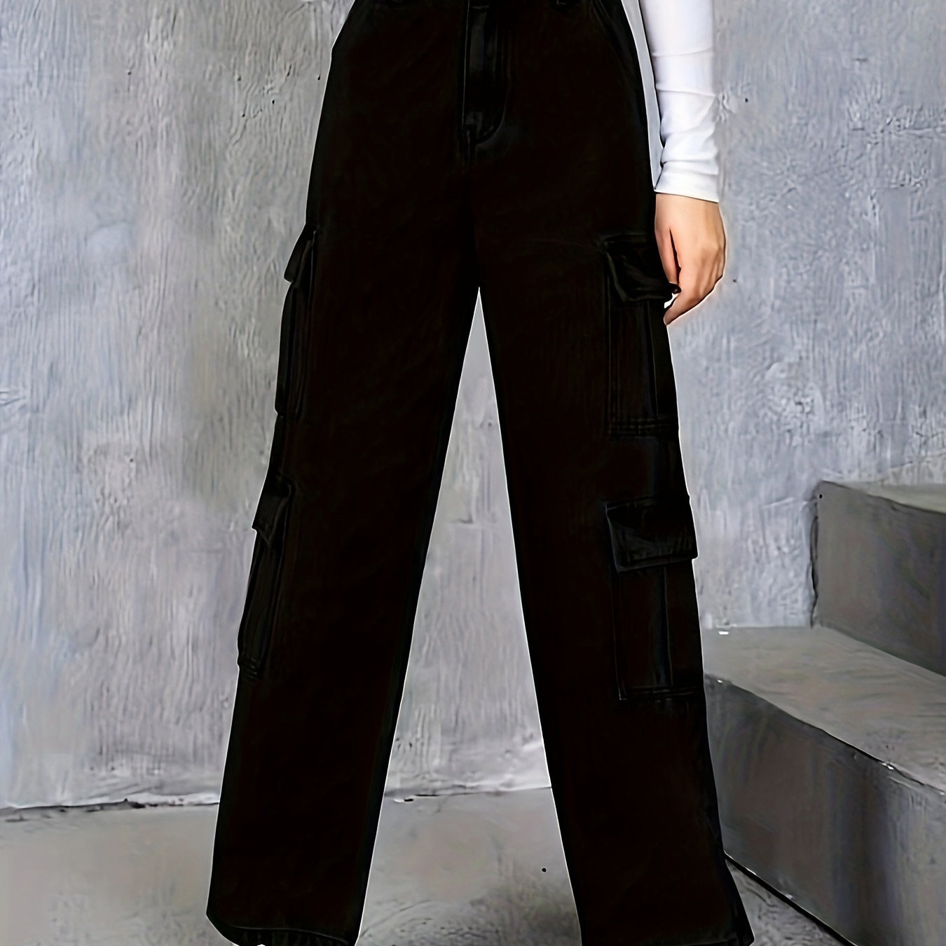 

Girls Solid Denim Straight Leg Cargo Pants, Stylish Versatile Cargo Trousers For Street Outwear, Kids Bottoms