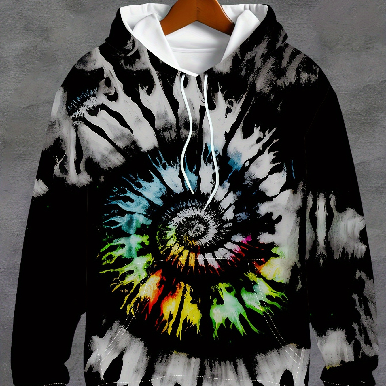 

Men's Tie-dye Style Colorful Swirling Graphic Print Hooded Sweatshirt With Kangaroo Pocket, Sports Fashion Hoodie For Spring And Fall