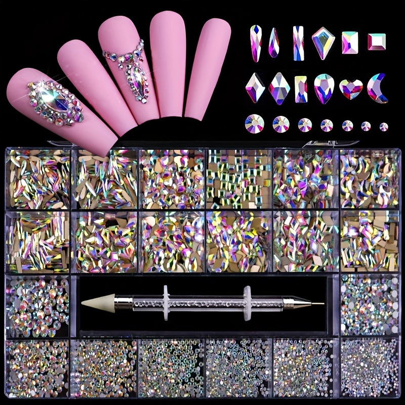 Rhinestones for Nails, Manicure Kit with Nail Rhinestone Glue Gel, 2-6mm  Flatback Glass Crystal AB + Clear Gemstones and Colorful Resin Beads, Gem  Glue for Nails (UV/LED Needed) with Dotting Tools 
