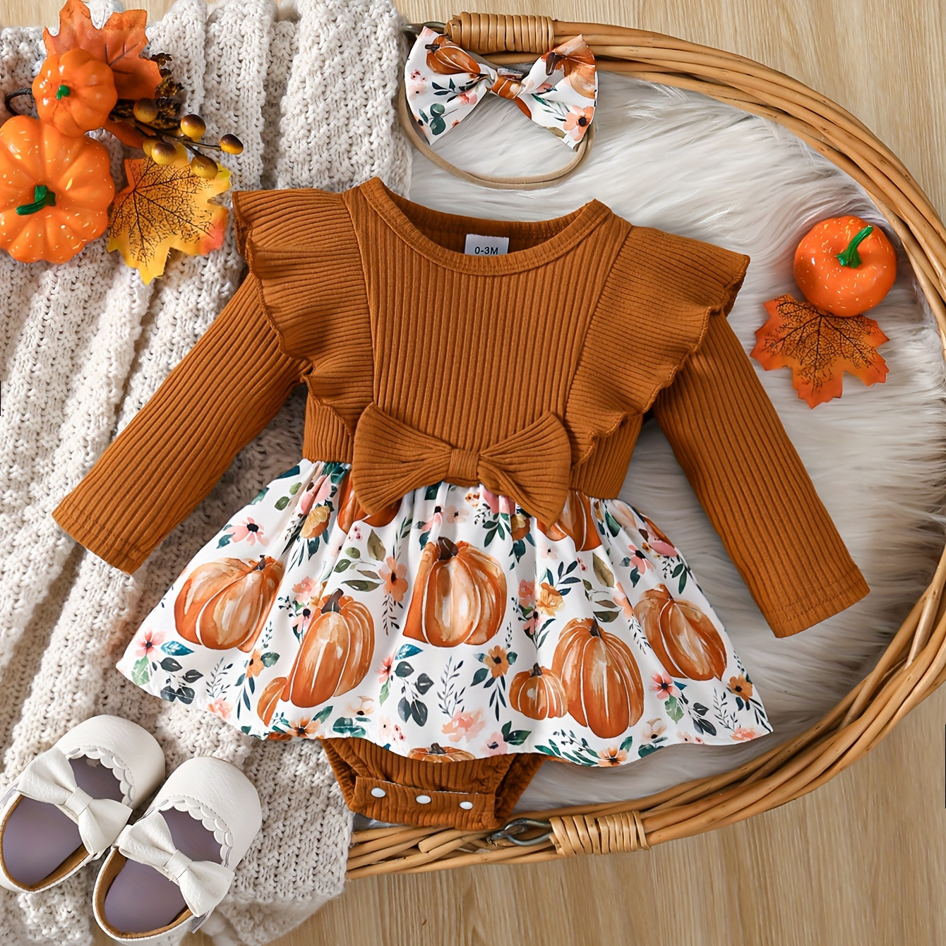 

2pcs Bow Long Sleeve Bodysuit & Bow , 's & Fall Clothing