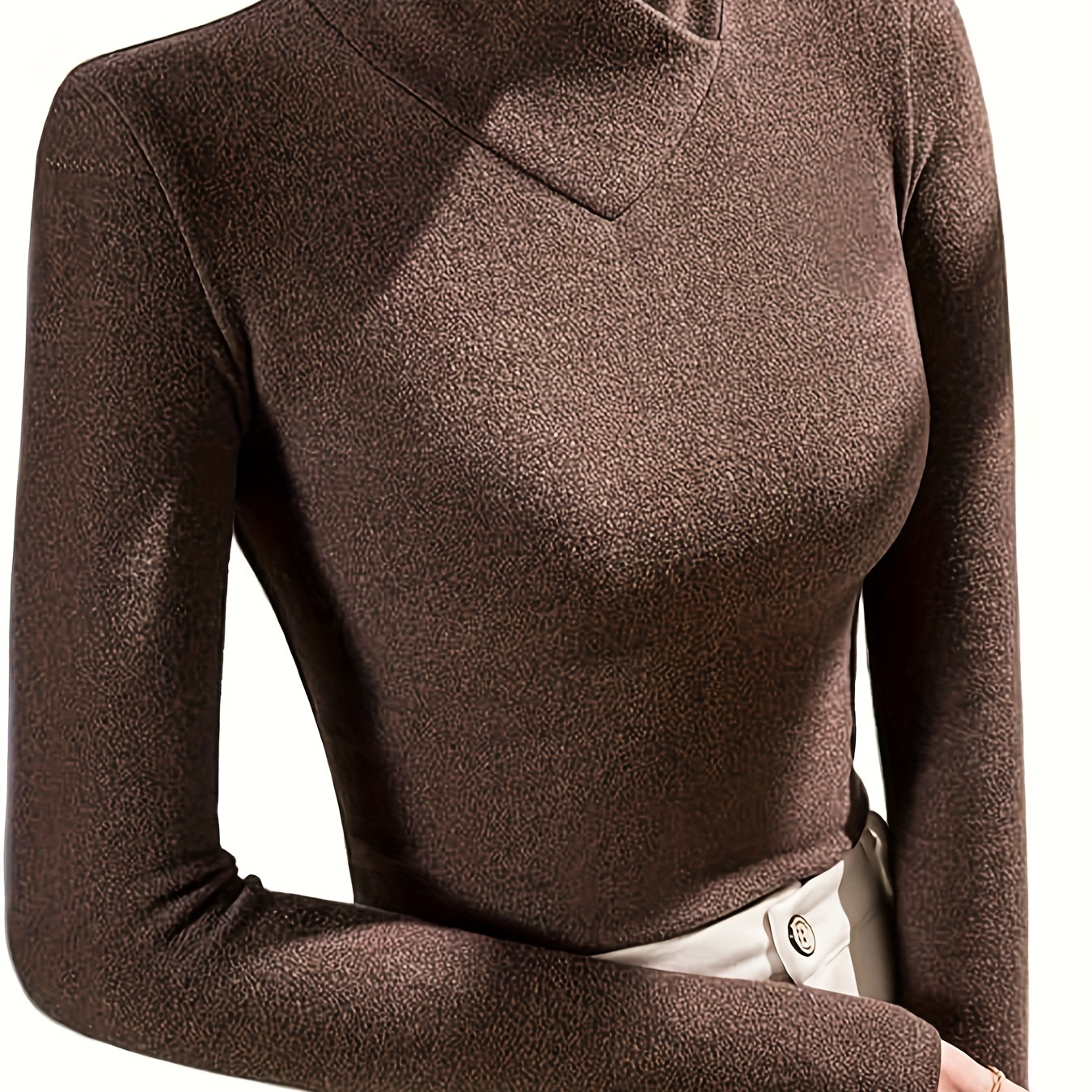 

Elegant Polyester Turtleneck T-shirt For Women - Solid Color, Over Collar, Knit Fabric, Autumn Season, Regular Fit