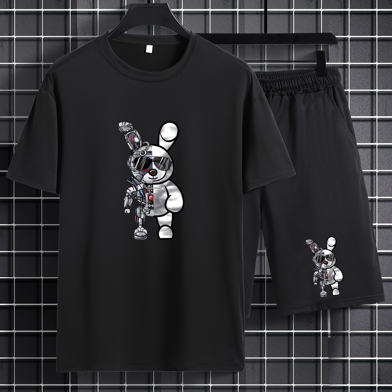 

Robot Rabbit 2pcs Trendy Outfits For Men, Casual Crew Neck Short Sleeve T-shirt And Drawstring Shorts Set For Summer, Men's Clothing Vacation Workout