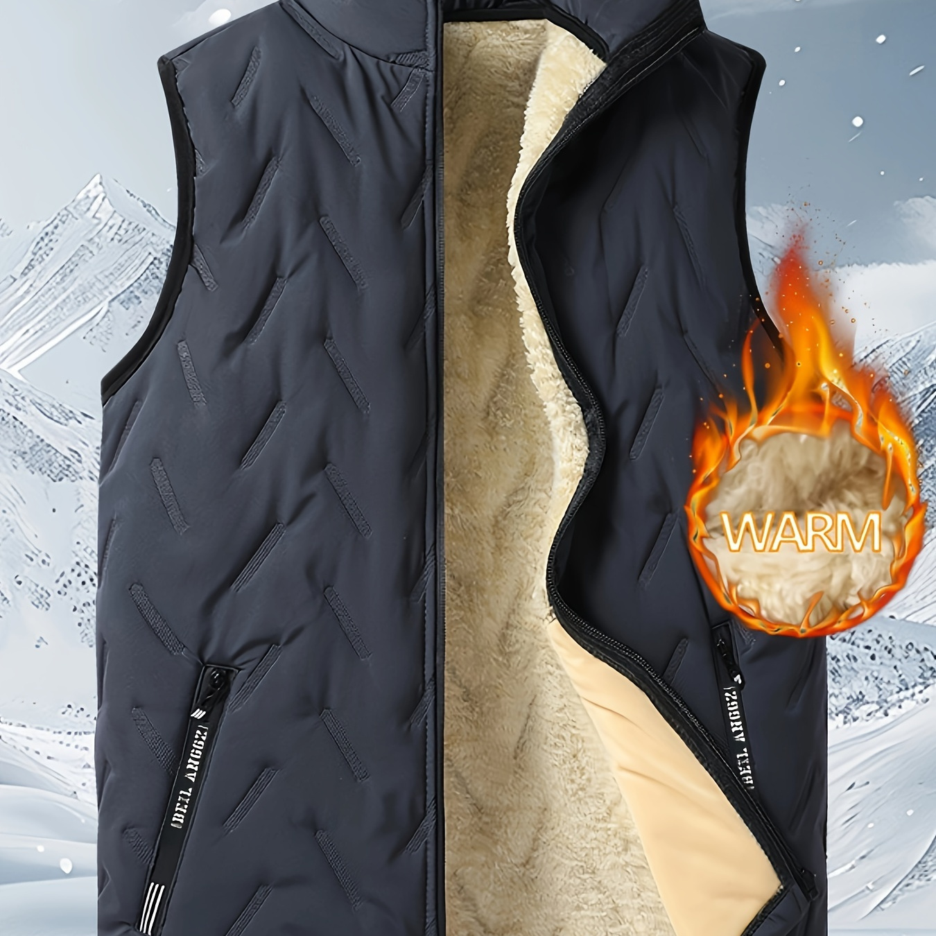 

Men's Casual Sleeveless Vest, Polyester 100% Warm Fleece Lined Thickened Autumn/winter Jacket, Solid Color Stand Collar With Zipper, Regular Fit Woven Outerwear