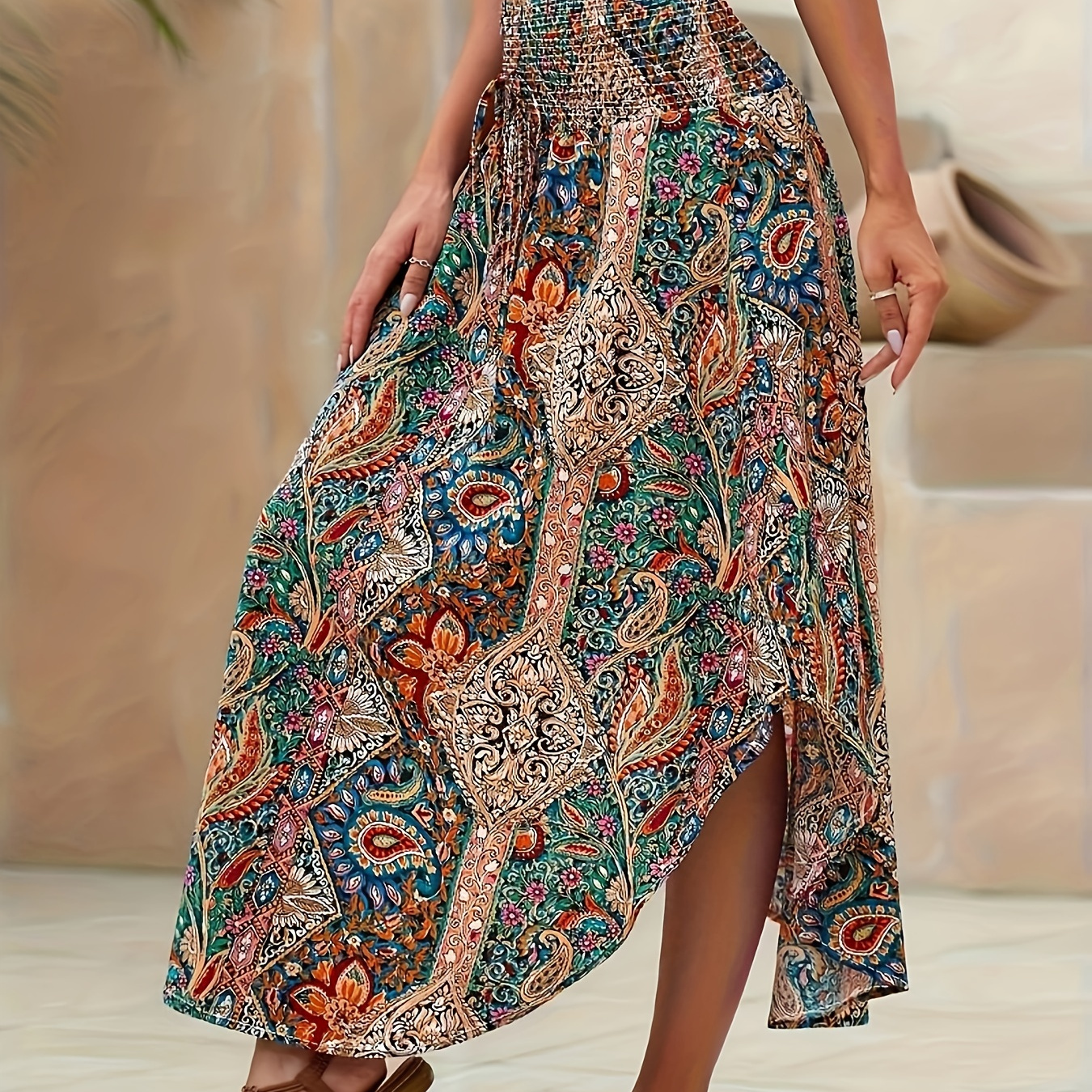 

Elegant Paisley Print High-waist Maxi Skirt With Ruffle Hem - Casual, Non-stretch Polyester, Machine Washable - Spring/summer/fall