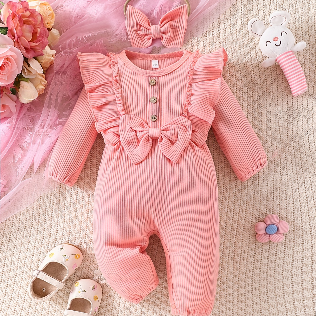 

Infant Ruffle Long Sleeves Bowknot Decor And Headband For