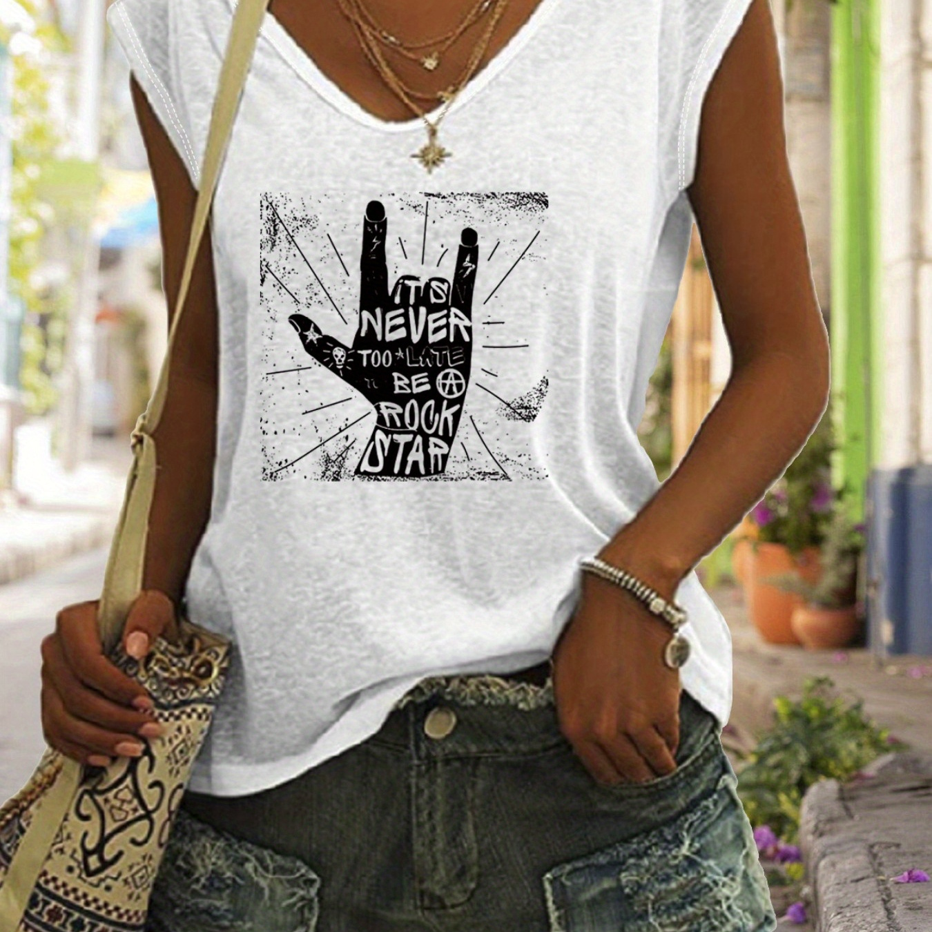 

Music Festival Print V Neck T-shirt, Casual Cap Sleeve T-shirt For Spring & Summer, Women's Clothing