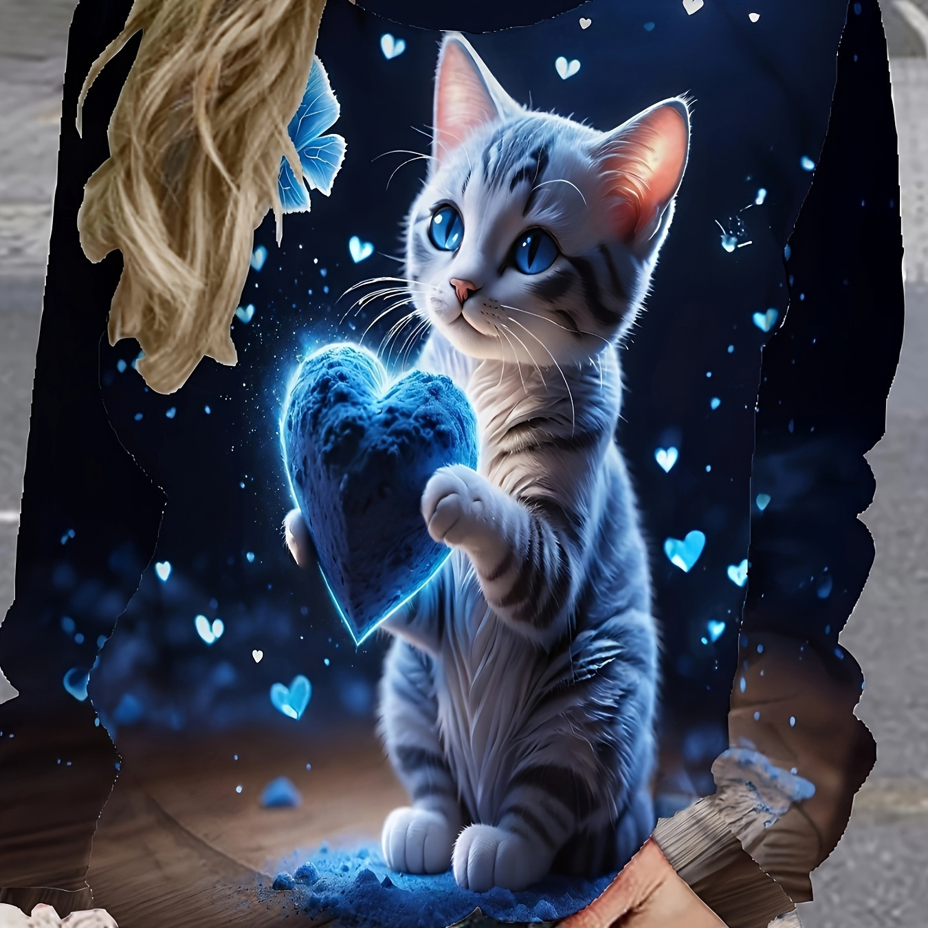 

Sweatshirt décontracté pour femme au col rond avec de chat mignon et cœur , tissu tricoté en polyester 100%, pull-over de mode pour toutes les