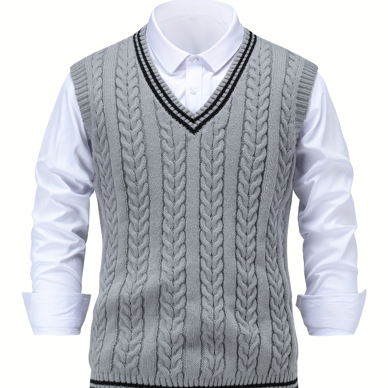 

Men's Casual Knitted Sweater Vest With Color- Pattern, Polyester Material, V-neck, Medium Stretch, Ribbed Detail, Sleeveless, , For Autumn/ Uniform