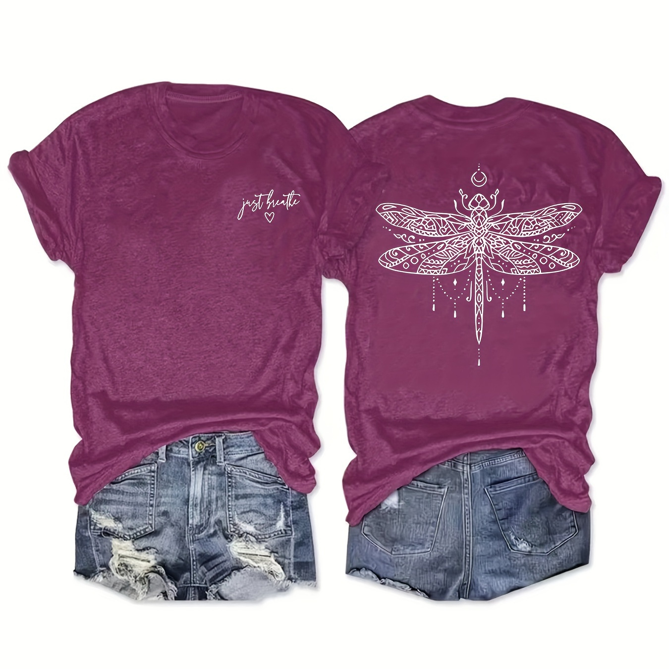 

Dragonfly & Heart Print T-shirt, Short Sleeve Crew Neck Casual Top For Summer & Spring, Women's Clothing