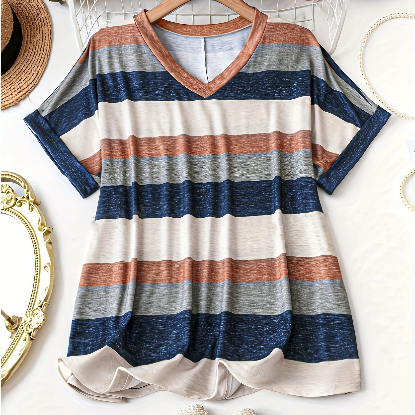 

Plus Size Colorful Stripe Print T-shirt, Casual Short Sleeve V Neck Top For Spring & Summer, Women's Plus Size Clothing