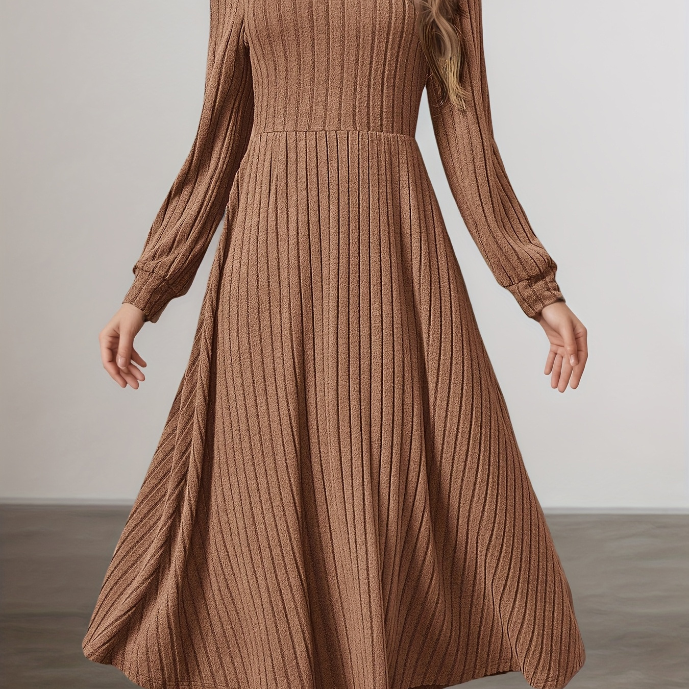 Brown Ribbed Knit Midi Dress