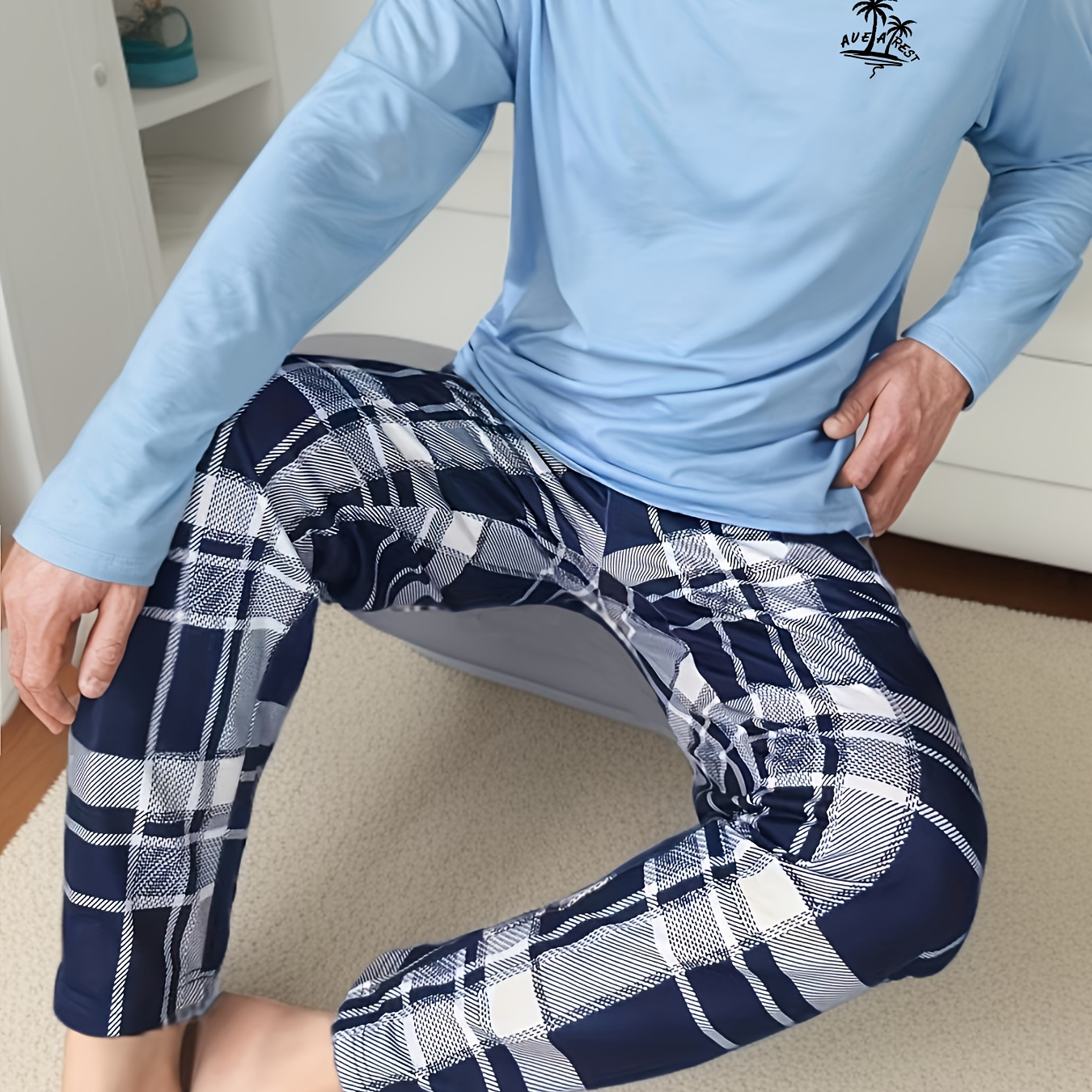 

Ensemble Pyjama Homme à Imprimé Palmier Tropical - Confortable à Manches Longues & Pantalon à Carreaux, Vêtement de Nuit Décontracté à Col Rond, Lavable en Machine