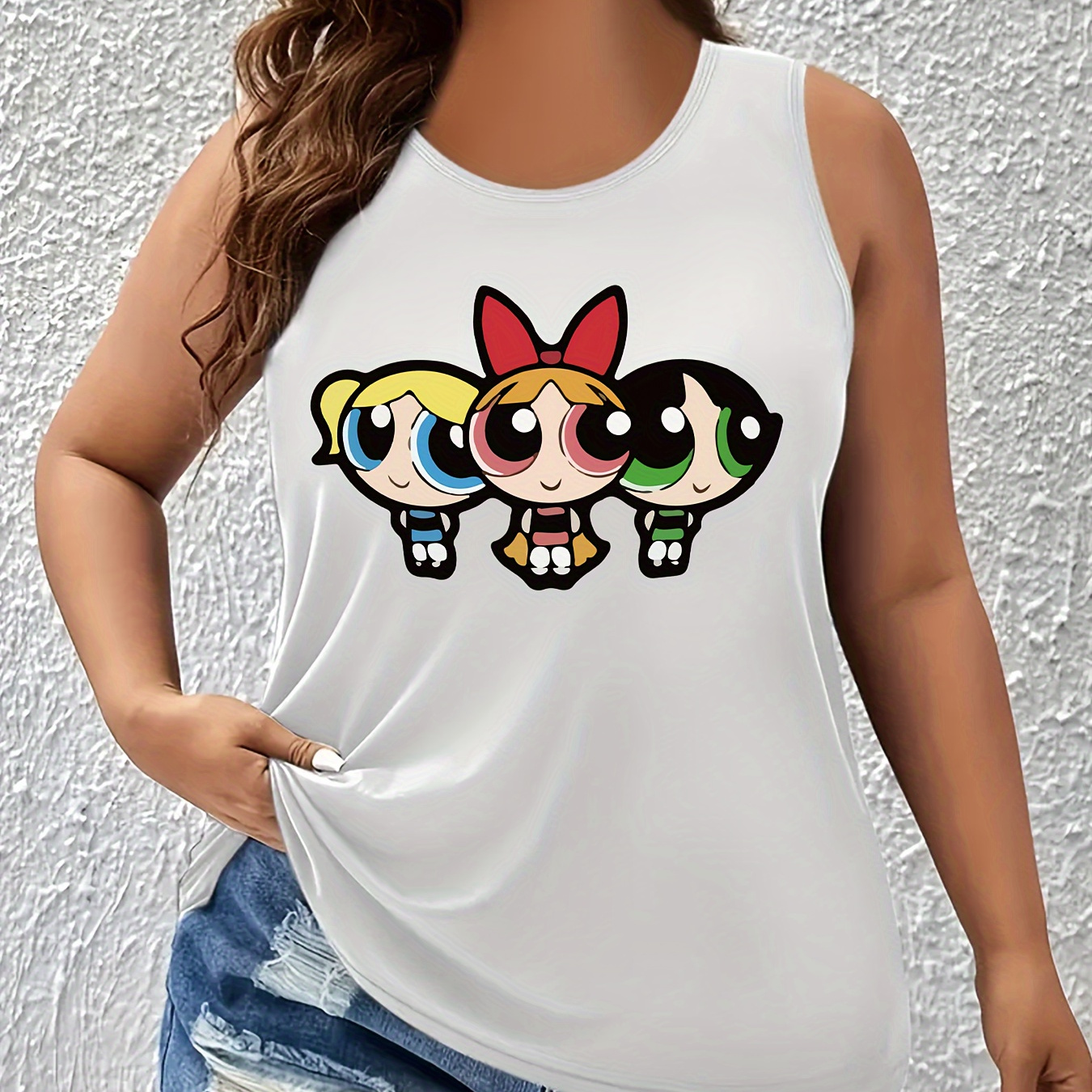 

Plus Size Cartoon Graphic Print Tank Top, Casual Sleeveless Crew Neck Top For Summer & Spring, Women's Plus Size Clothing