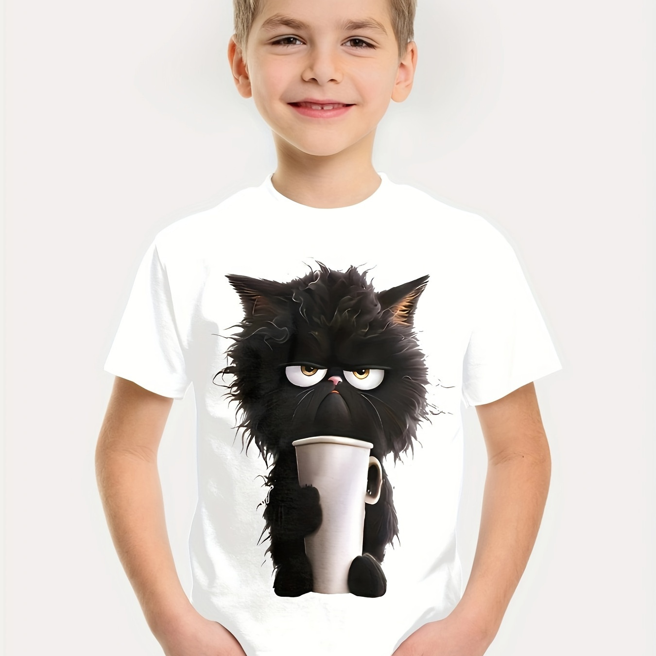 

Funny Black Cat Drinking Tea 3d Print Boys Creative T-shirt, Casual Lightweight Comfy Short Sleeve Tee Tops, Boys Clothes For Summer