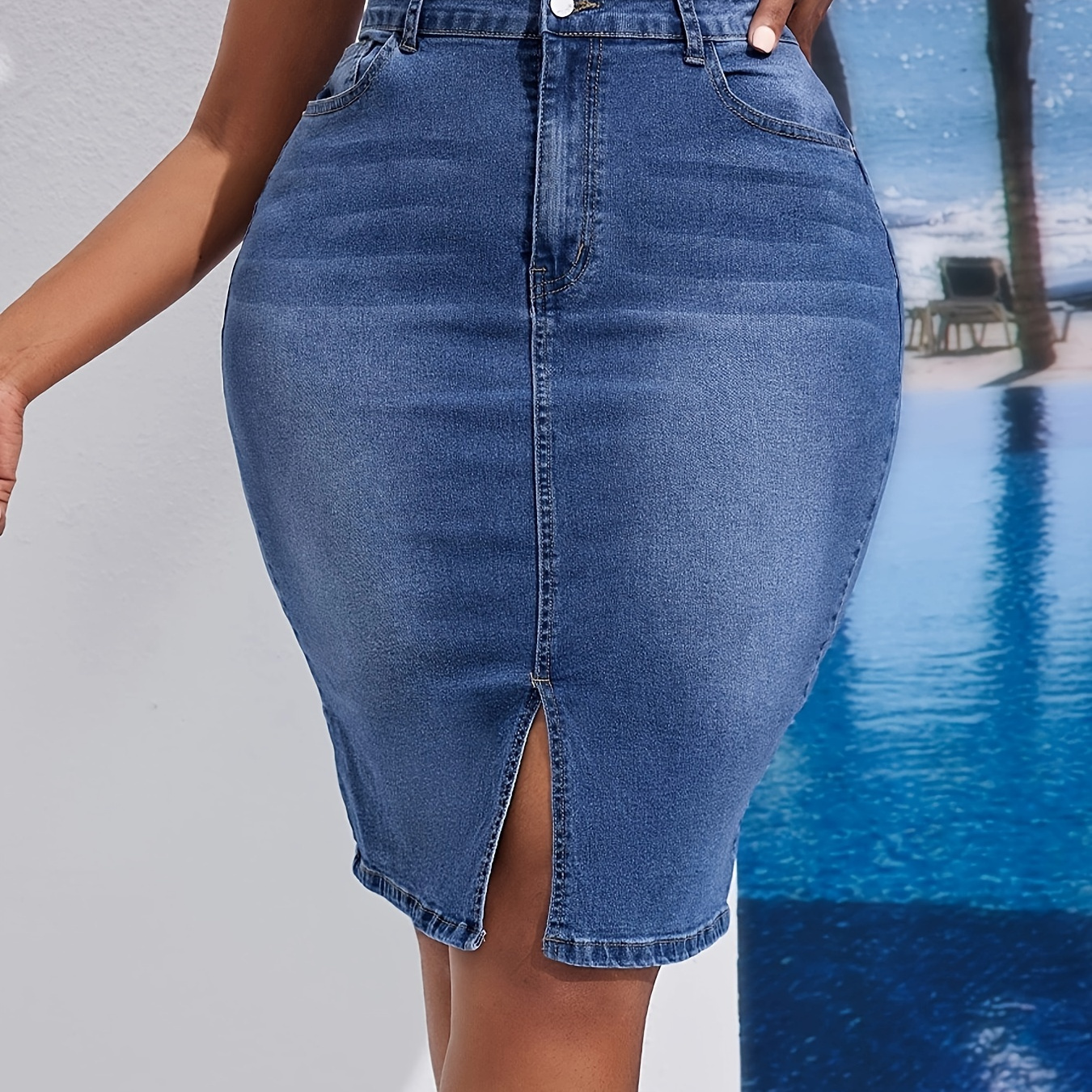 elegant plus size denim midi skirt side slit - Temu Georgia