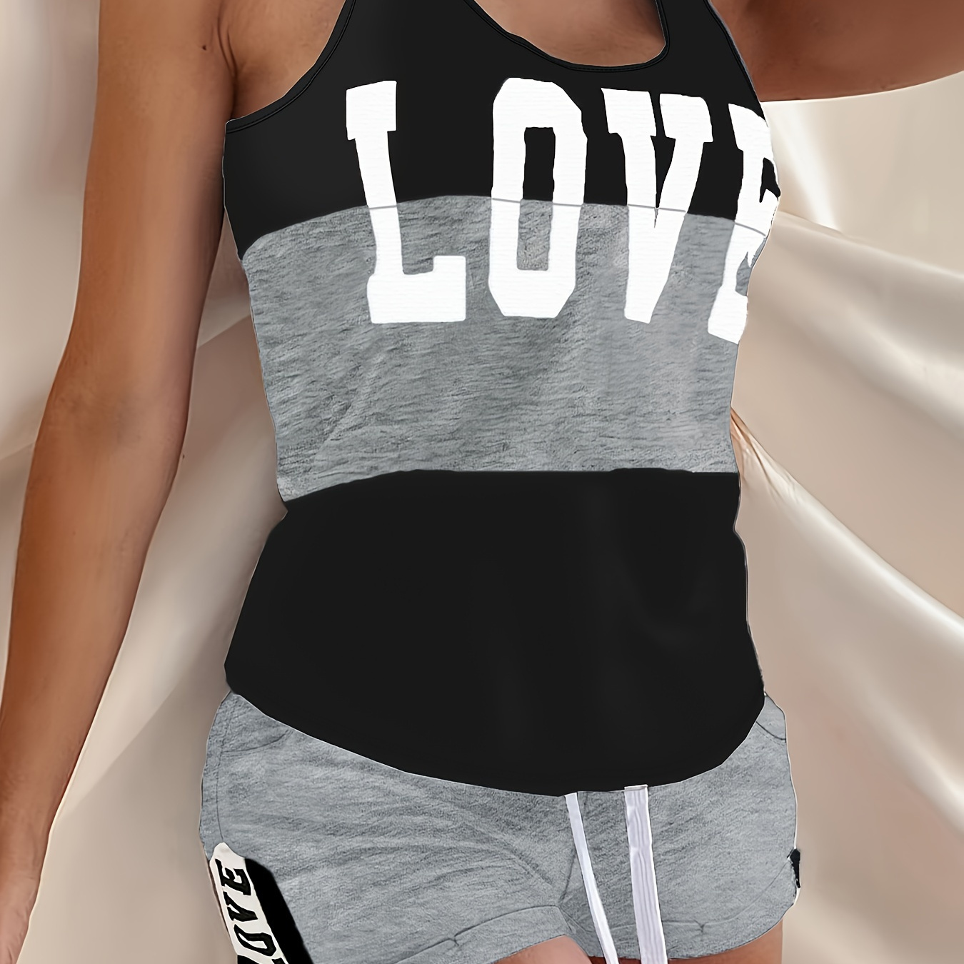 

Letter Print Lounge Set, Crew Neck Sleeveless Top & Elastic Waistband Shorts, Women's Loungewear & Sleepwear