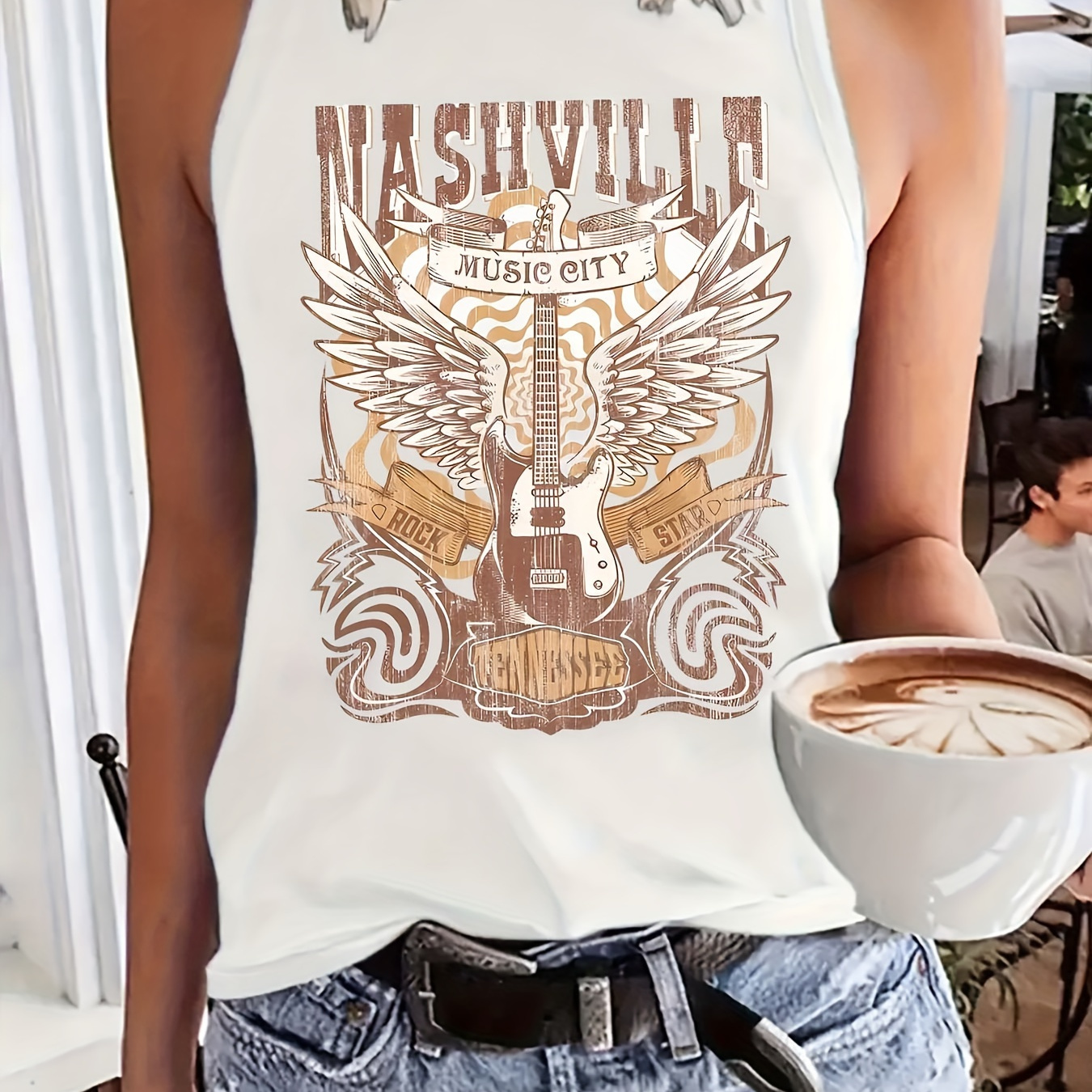 

Guitar Graphic Print Tank Top, Sleeveless Casual Top For Summer & Spring, Women's Clothing