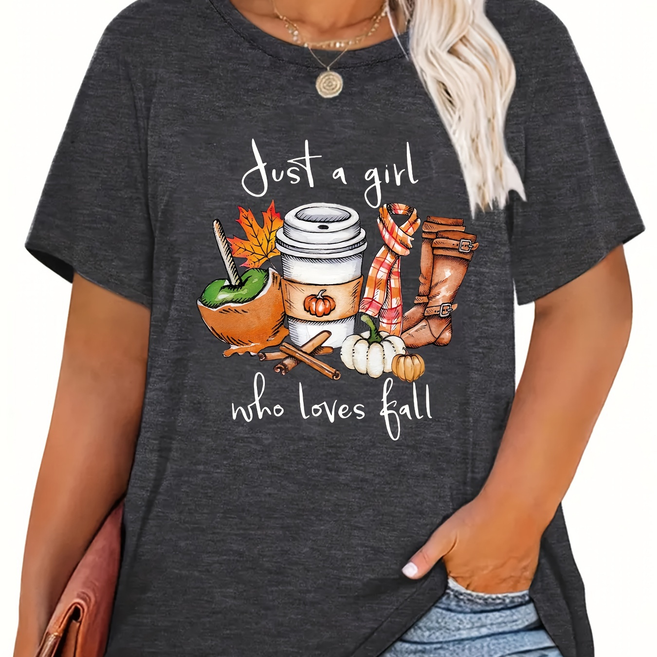 

Plus Size "just A Girl Who Loves Fall" Print T-shirt - Polyester Blend, Crew Neck, Slight Stretch, Geometric Pattern, Vacation Style, Knit Fabric For All Seasons