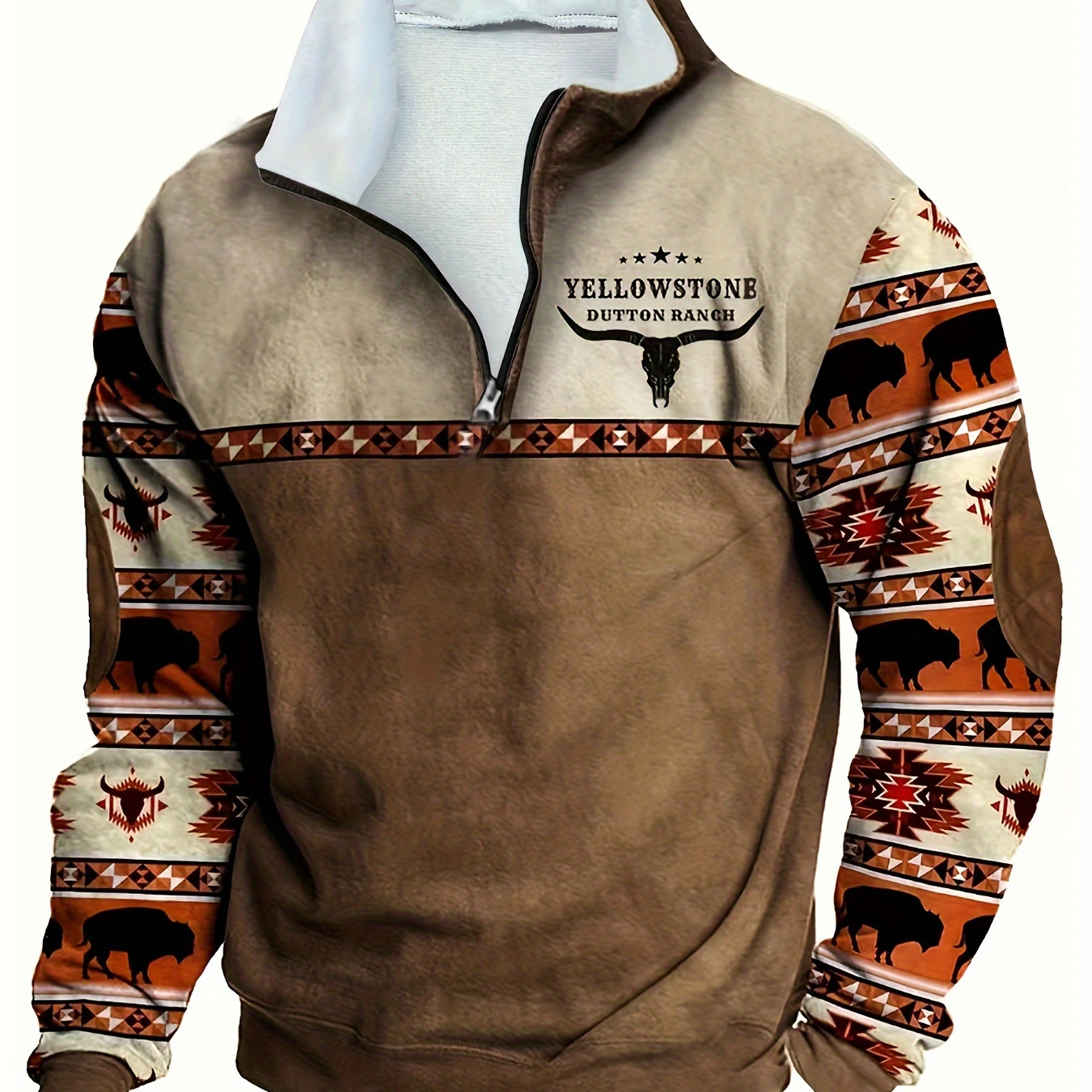 

Men's Ethnic Pattern Design Long Sleeve Thermal Sweatshirt With Half-zip Collar, Autumn/winter Warm Pullover For Casual Daily Wear