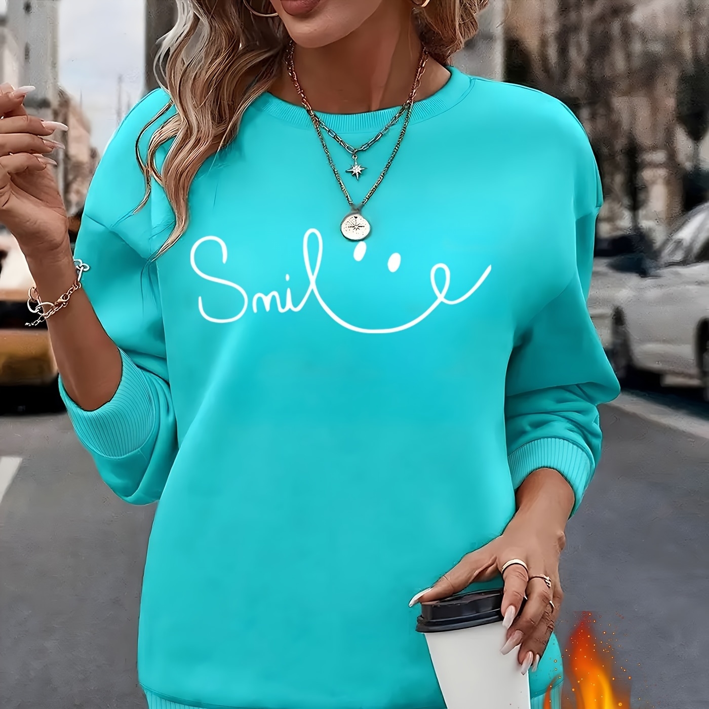 

Women's Teal Face & Letter Design Fleece-lined Long Sleeve Crew Neck Sweatshirt - Elegant Polyester, Machine Washable,