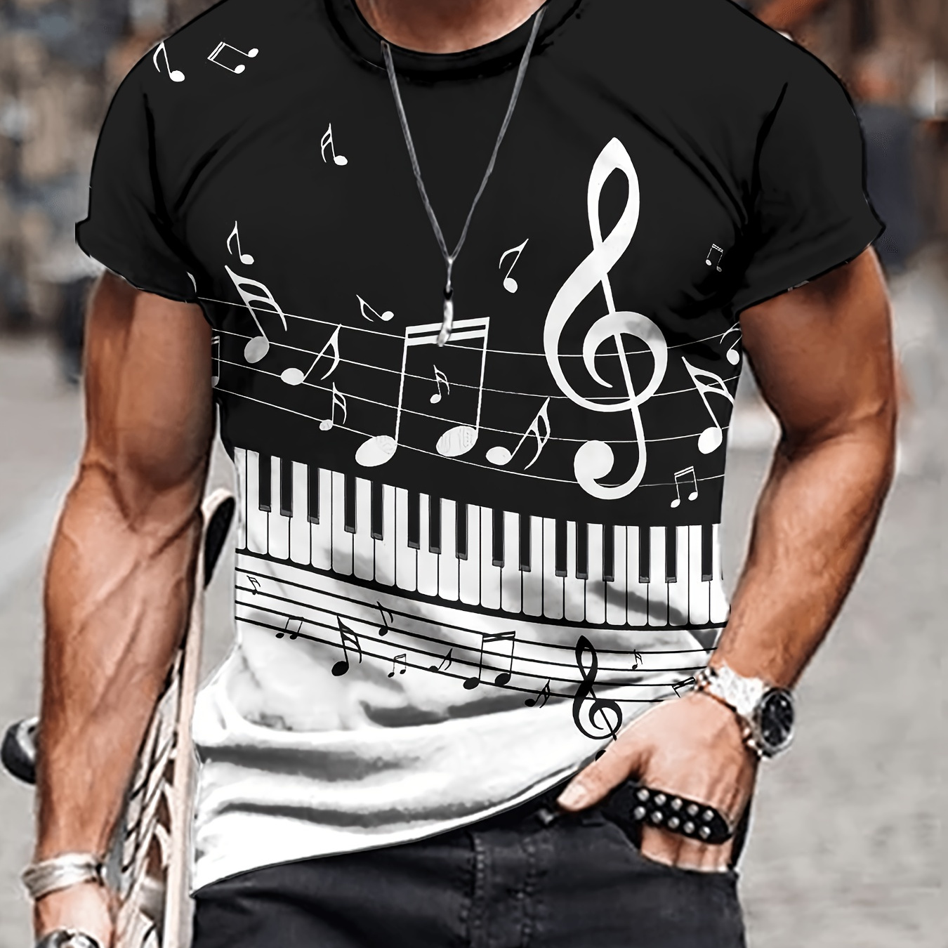 

Men's Piano Print T-shirt, Casual Short Sleeve Crew Neck Tee, Men's Clothing For Outdoor