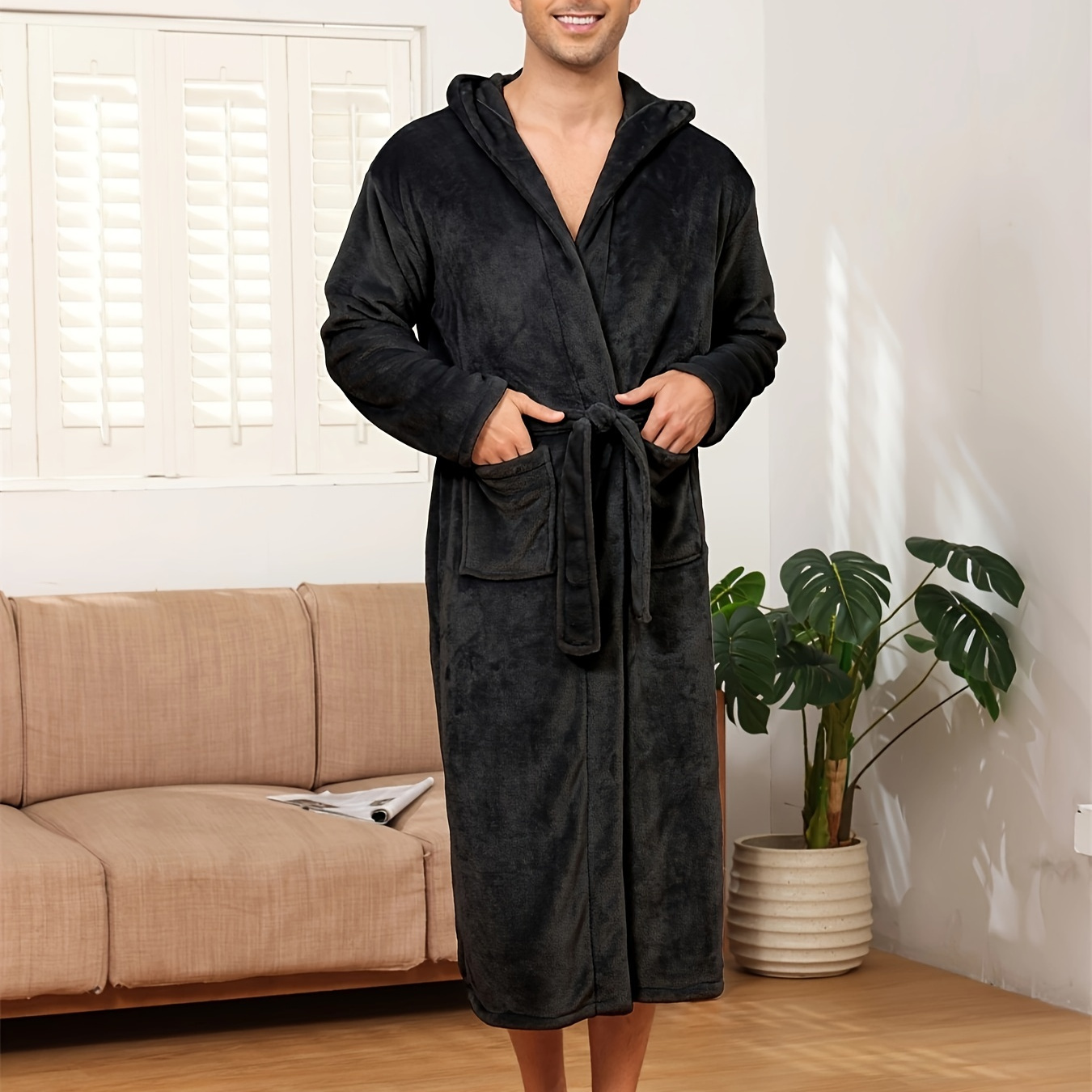 

Men's Cozy Flannel Robe - Solid Color, V-neck With Pockets, Long Sleeve, Machine Washable - Casual Sleepwear Set