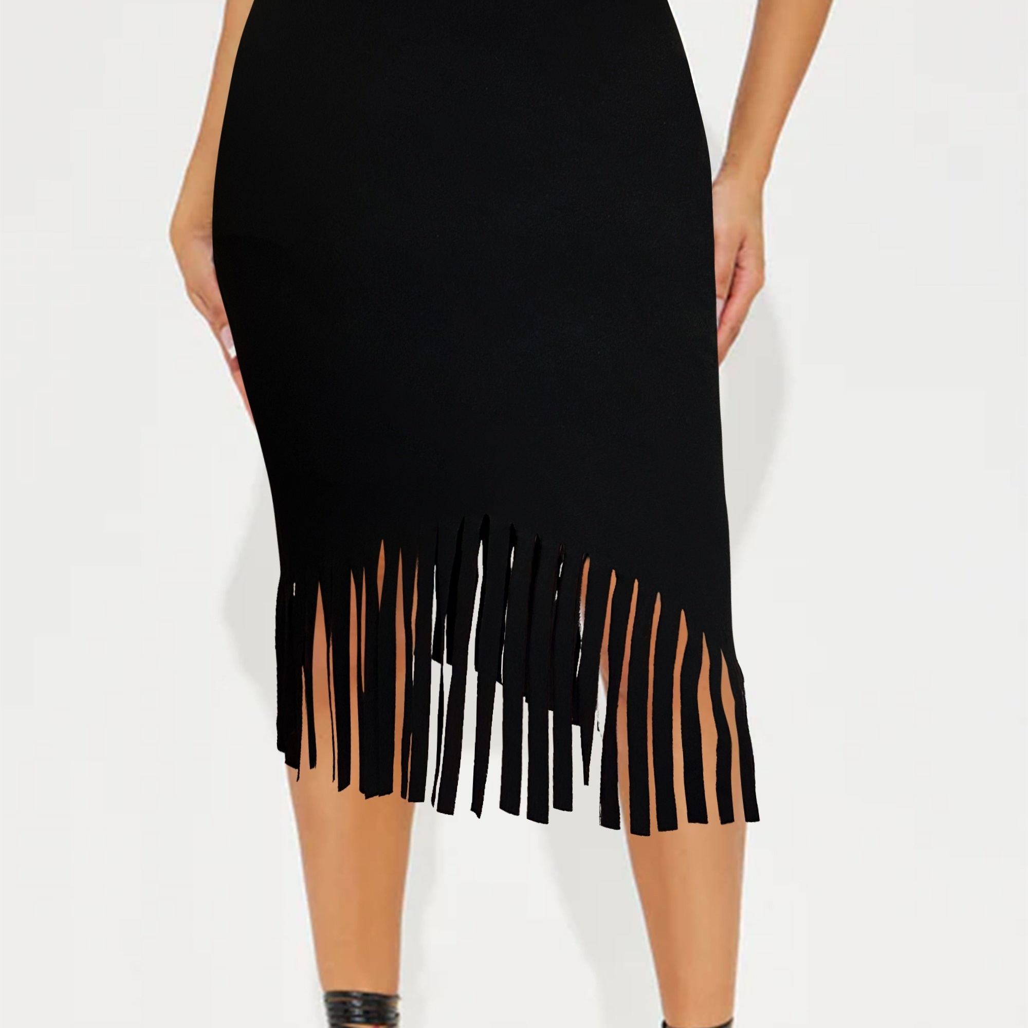 

Fringe Hem Solid Color Skirt, Elegant Bodycon High Waist Skirt For Spring & Summer, Women's Clothing