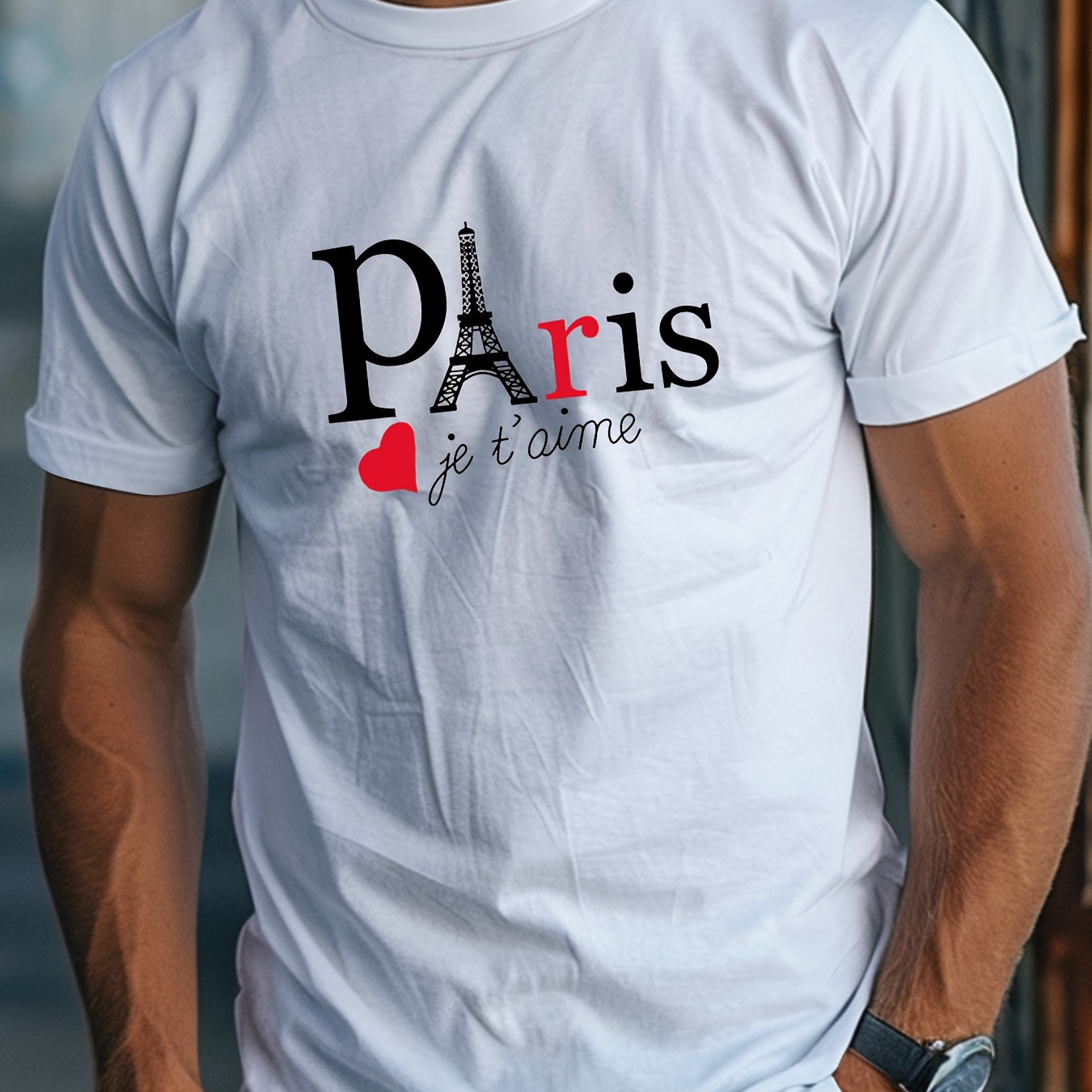 

Eiffel Tower Psris Printed Summer Short-sleeved 220g Pure Cotton T-shirt Regular For Both Men And Women, Can Be Paired With Couples Combed Cotton T-shirt