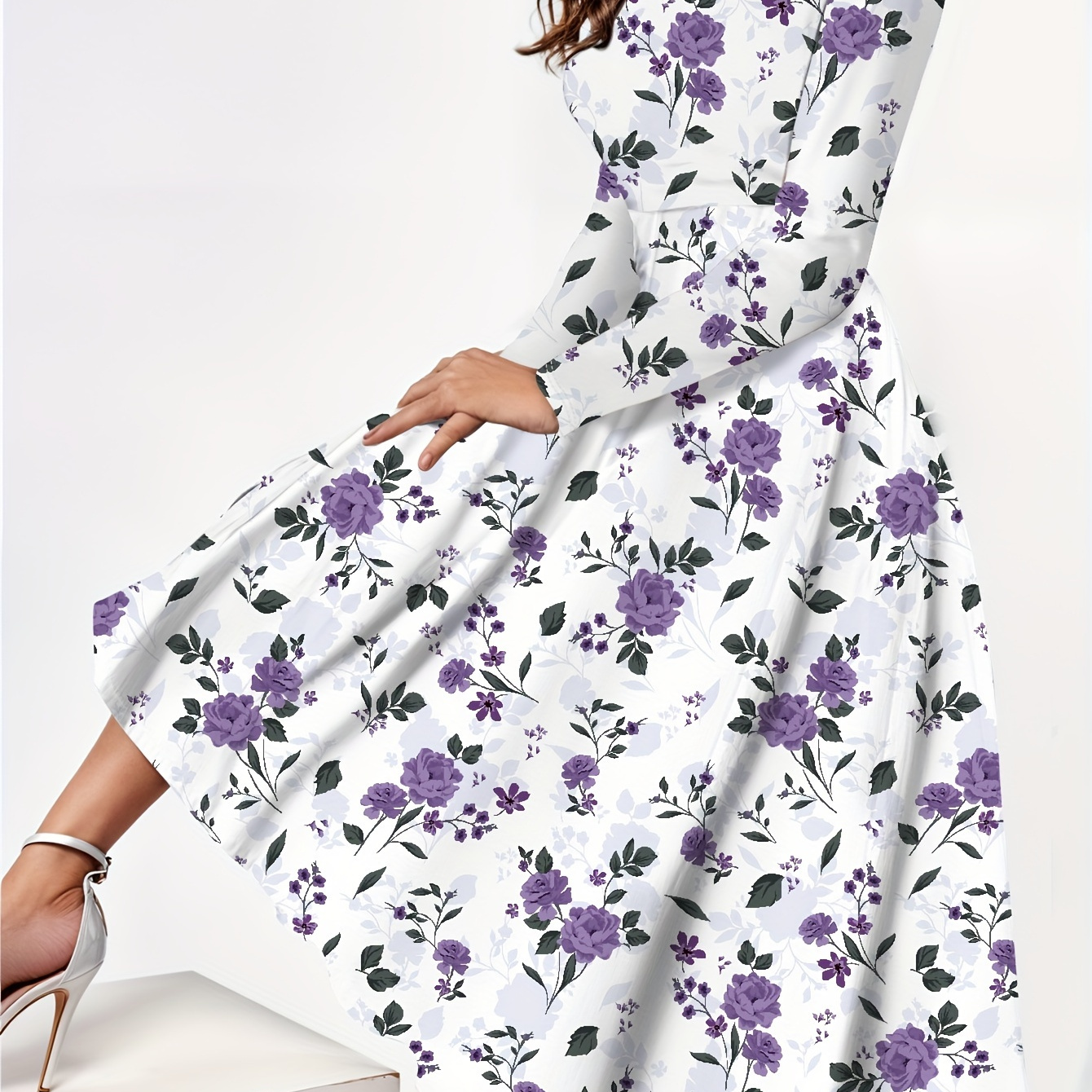 

Elegant Gradient Floral Midi Dress For Women - Long Sleeve, Crew Neck, Stretchy Polyester Blend, Machine Washable - Perfect For Spring & Fall