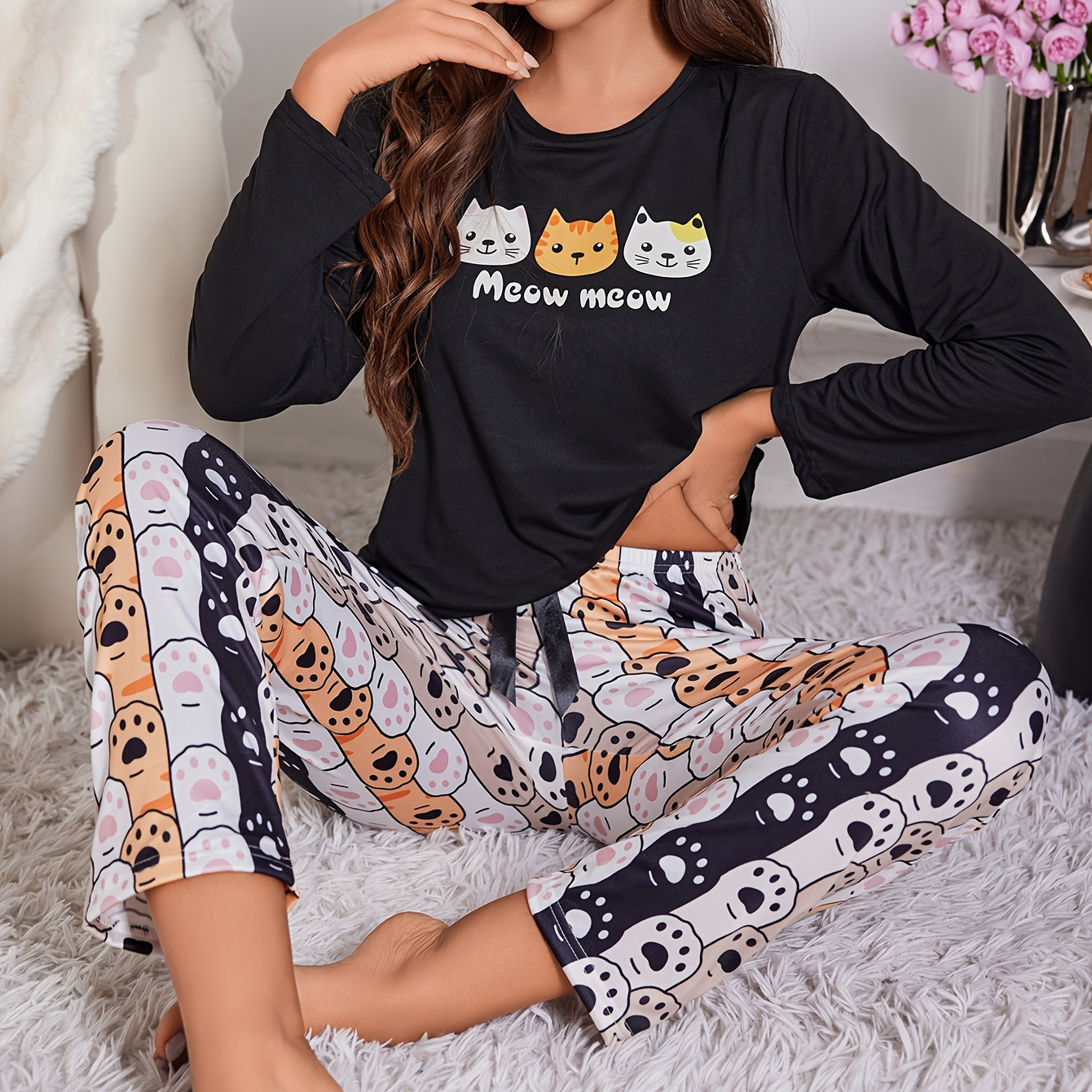 

Women's Cozy Cat & Letter Print Pajama Set - Long Sleeve Crew Neck Top With Bow Detail & Waistband Pants, Machine Washable