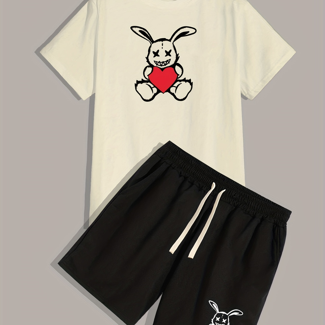 

Cartoon Rabbit Men's 2pcs, Round Neck T-shirt And Drawstring Shorts Set