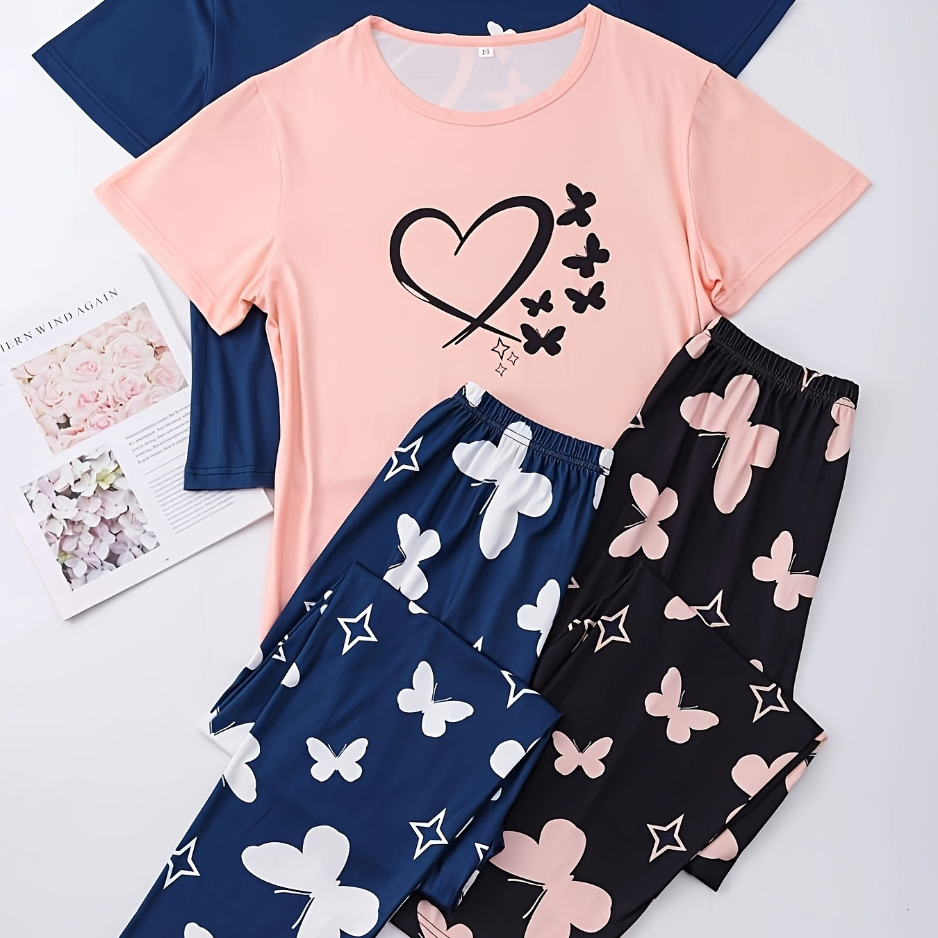 

2 Sets Women's Heart & Butterfly Print Casual Pajama Set, Short Sleeve Round Neck Top & Pants, Comfortable Relaxed Fit For Fall & Winter