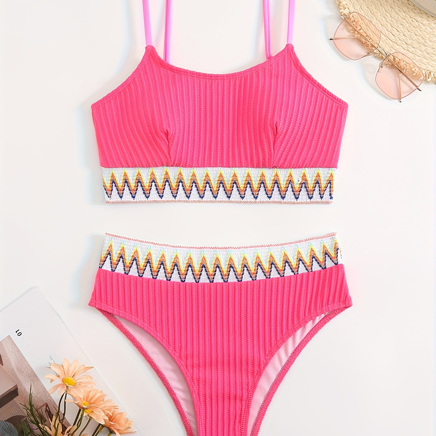 

Ensemble 2 Pièces En Tricot Côtelé À Bande Contrastée, Maillot De Bain Extensible À Encolure Dégagée Et Taille Haute Pour La Plage, La Piscine, Les Maillots De Bain Et Les Vêtements Pour Femmes